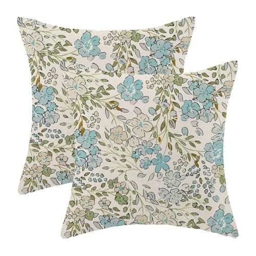 Spring Blue Floral Pillow Covers 18x18 Inch Set of 2, 18" x 18" (Pack of 2) Dc7