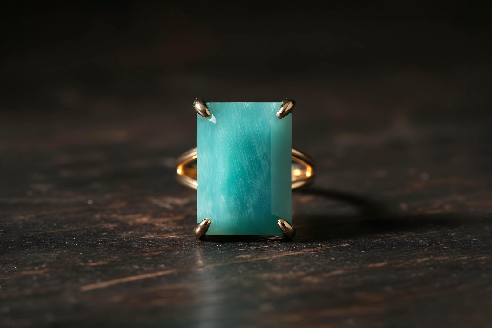Amazonite Ring 14k Gold Rectangle Cut Sky Blue Semiprecious Statement