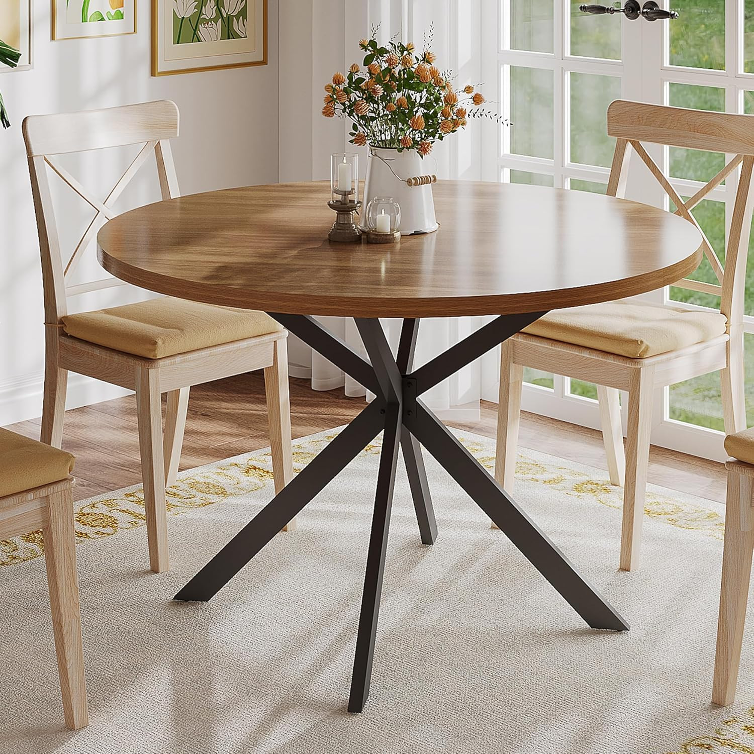 47.2 Inch round Dining Table for 4 | Farmhouse Wood Kitchen Table, Circle Dinner