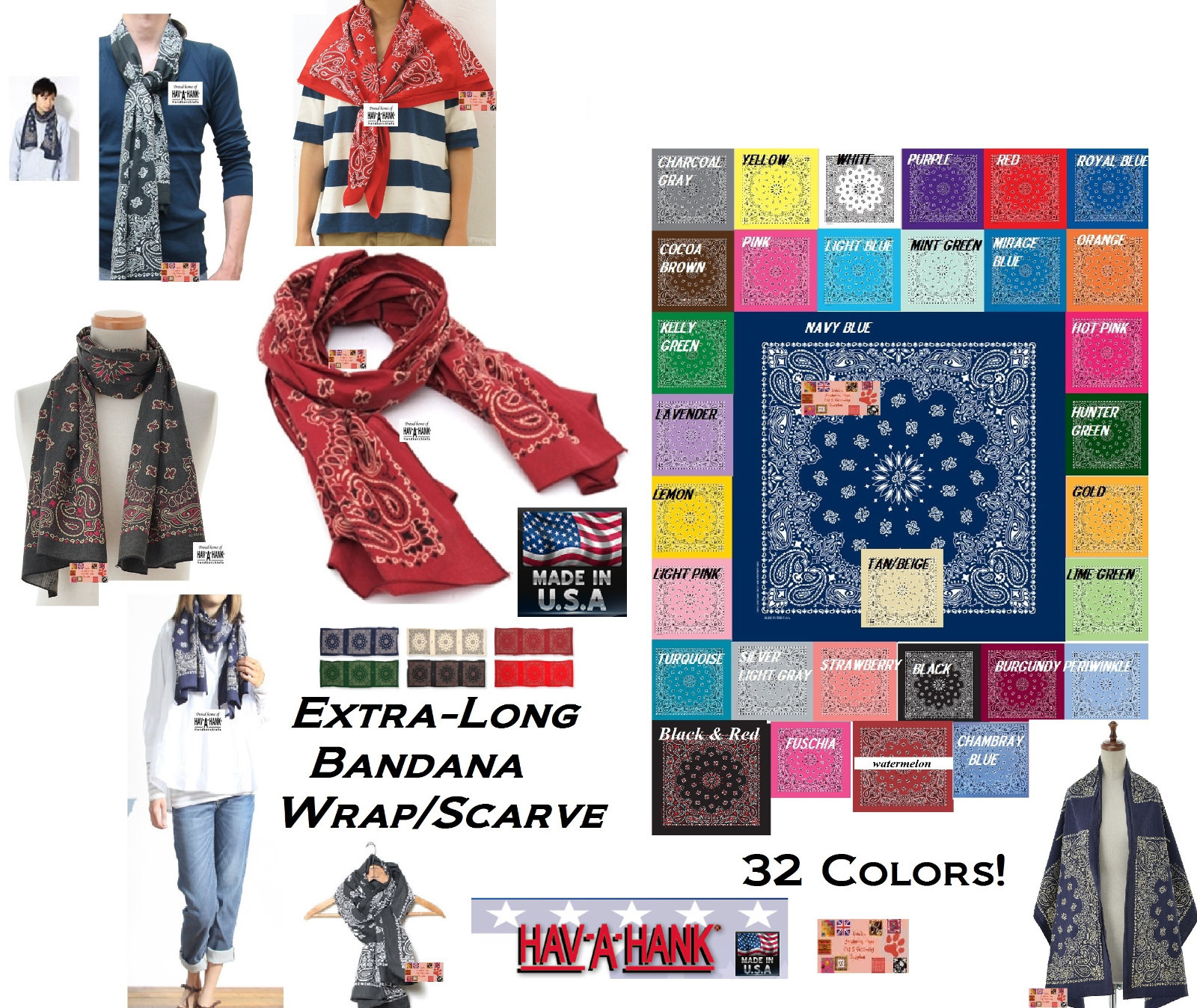 USA MADE HAVAHANK 66"(168cm)x22"(55cm)*PAISLEY BANDANA SCARVE WRAP NECK SCARF