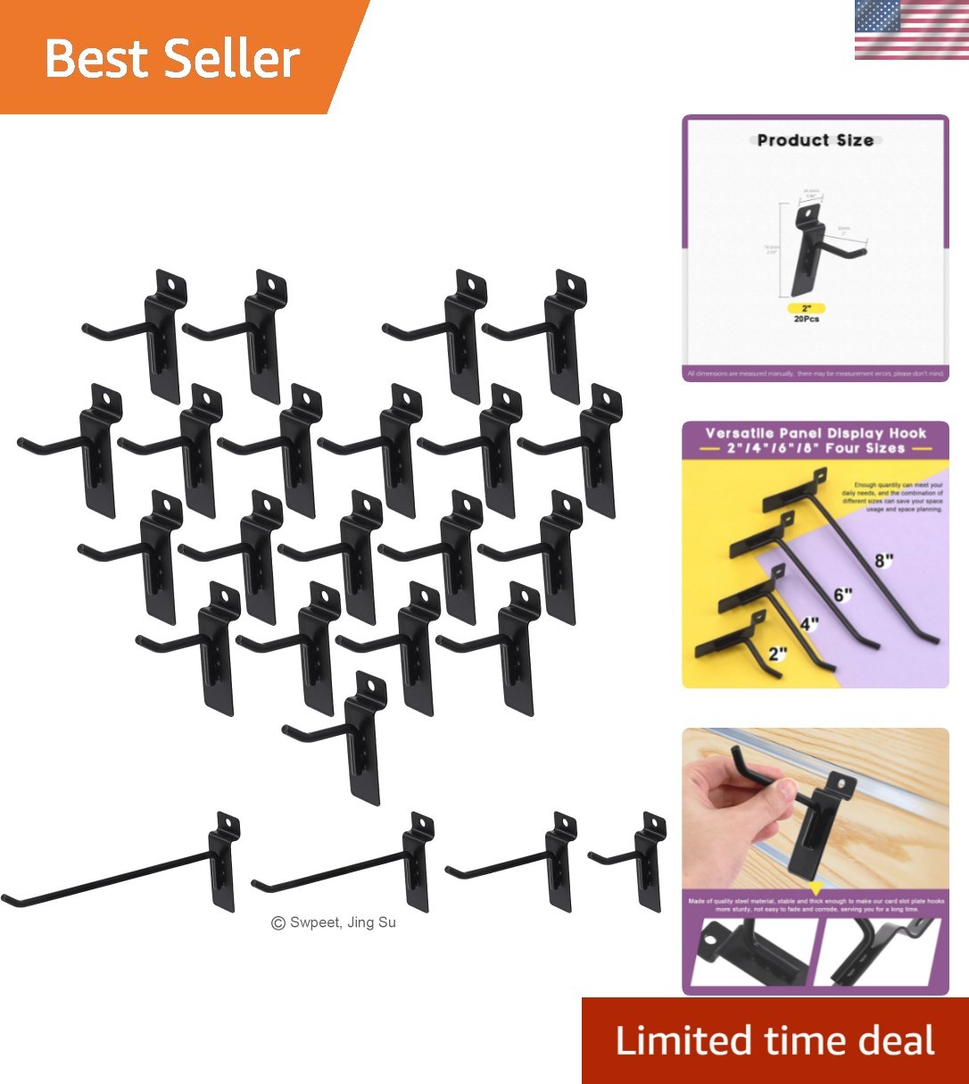 Heavy Duty Black 2-Inch Slatwall Hooks - 20-Piece Organizer for Garage & Retail