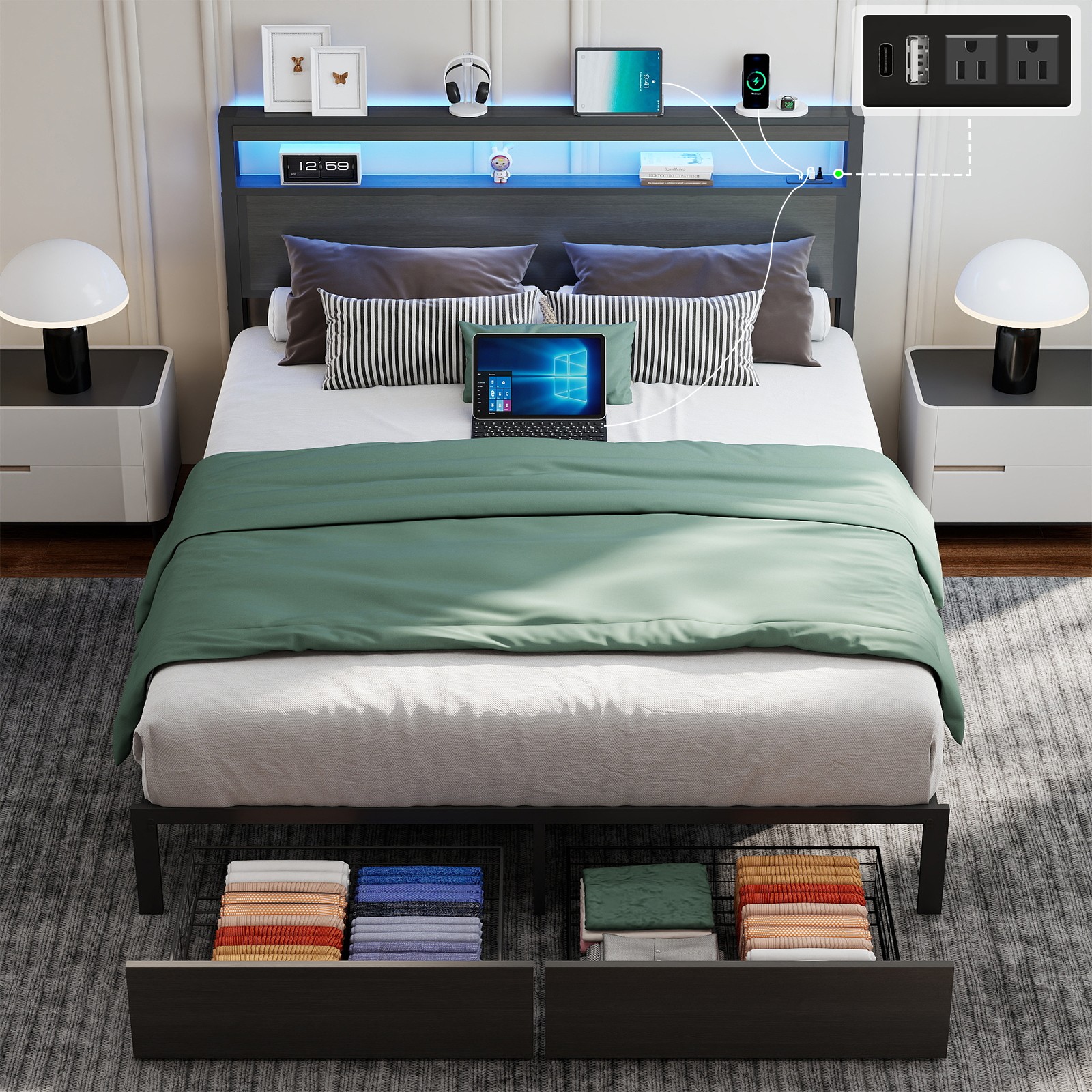 Queen Full Size Bed Frame with Storage Headboard &Charging Station＆ LED Lights