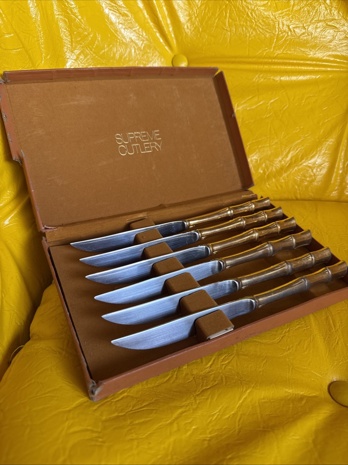 Vintage Supreme Cutlery Gold Bamboo Steak Knife Set of 6 With Original Box￼