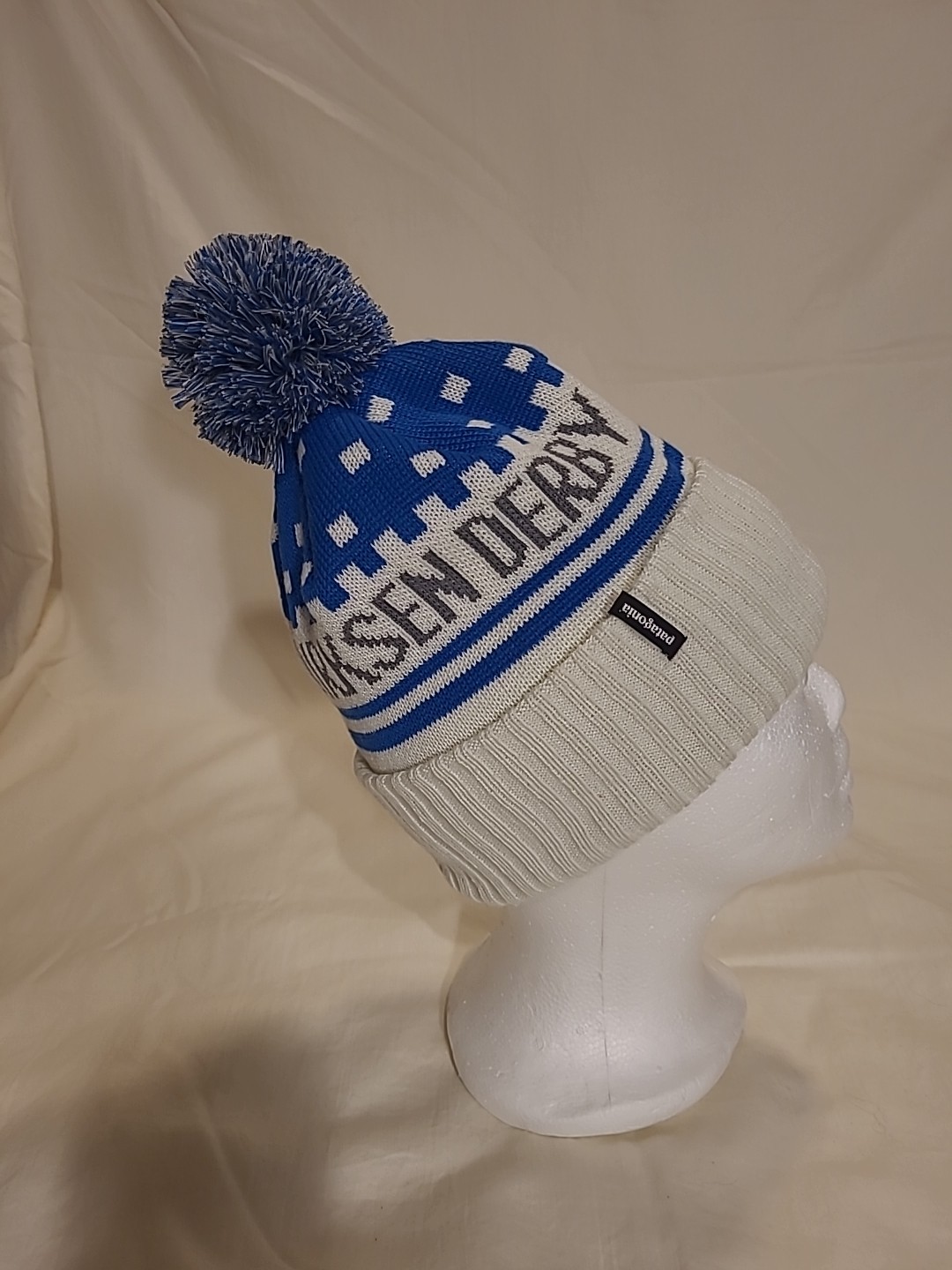 Patagonia Winter Pom Beanie Knit Pixelated White & Blue Colorblock Dirksen Derby