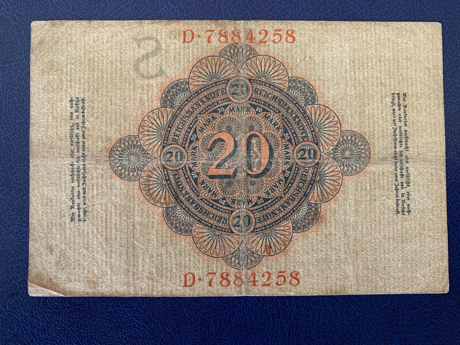 1909 GERMAN 20 MARK BANKNOTE-VERY GOOD