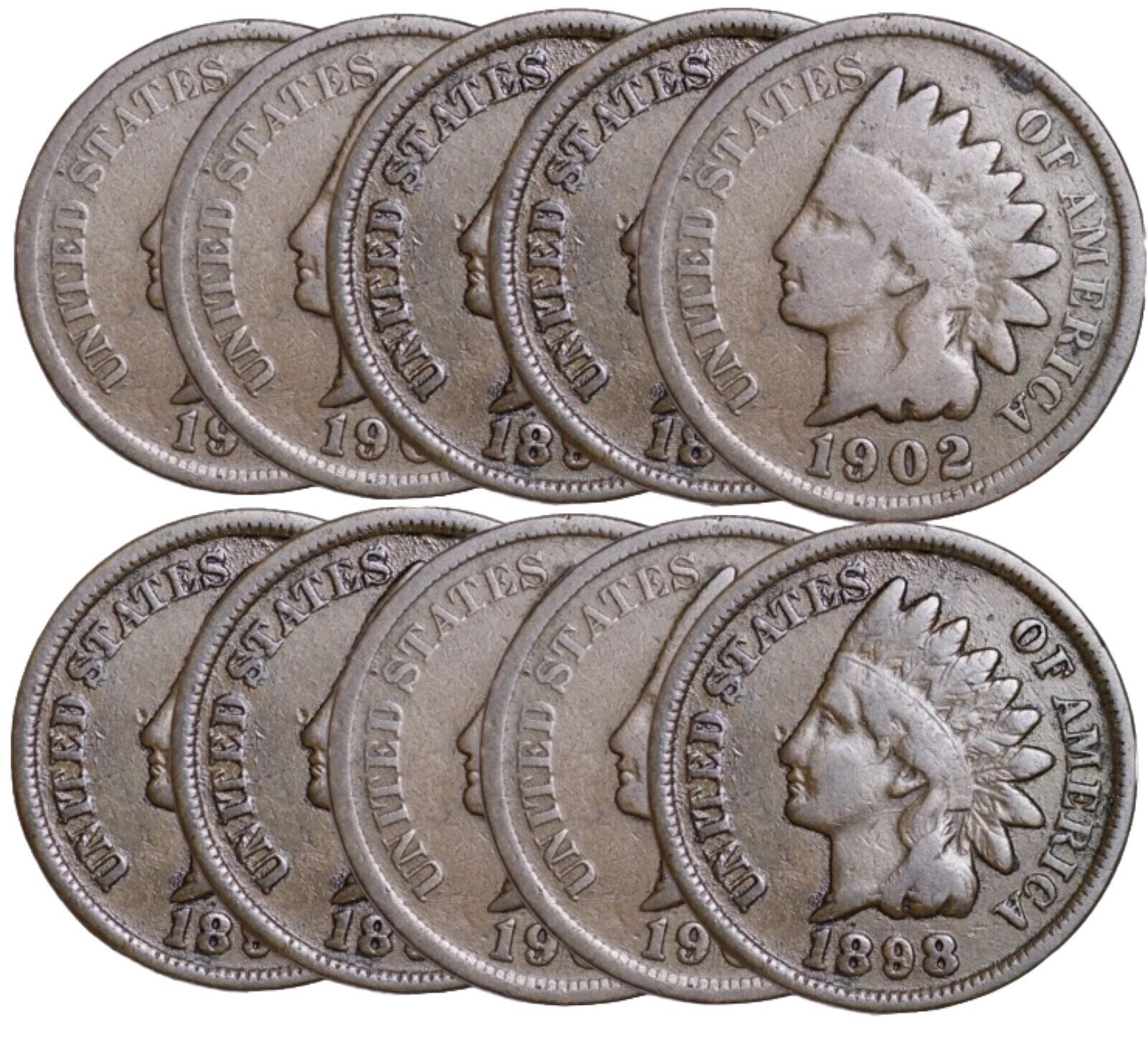 LOT OF 10 Indian Head Cent Pennies in G/VG (10 PC. LOT) Circulated FREE SHIP!