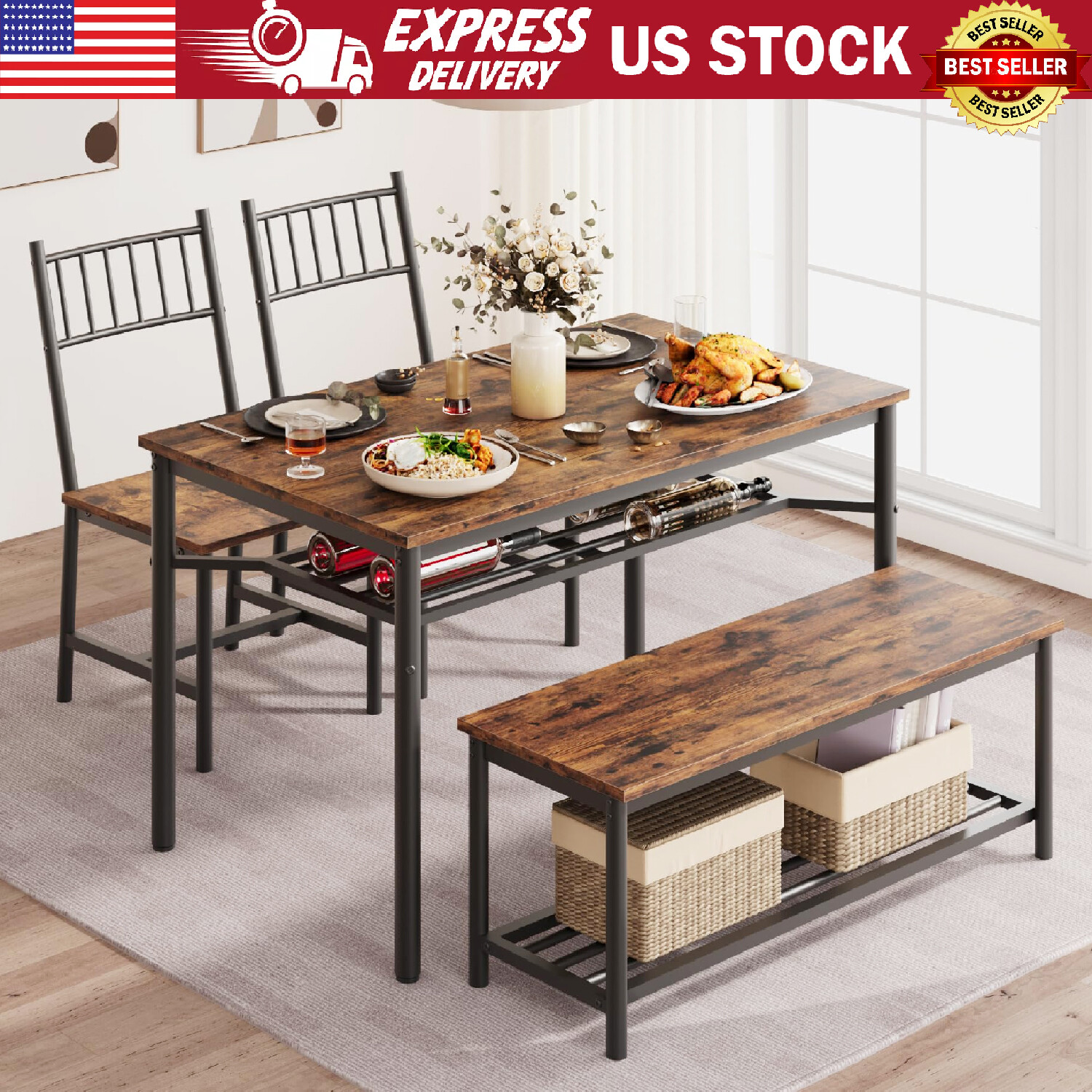 Dining Table Set with Bench and Chairs Rectangular Kitchen Table Set Modern Home