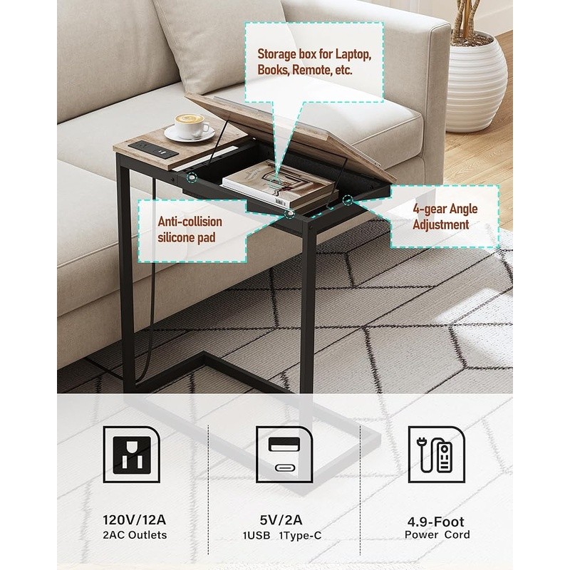 C Shaped End Table W/ Charging Station Adjustable Tilt Side Table USB Type-C
