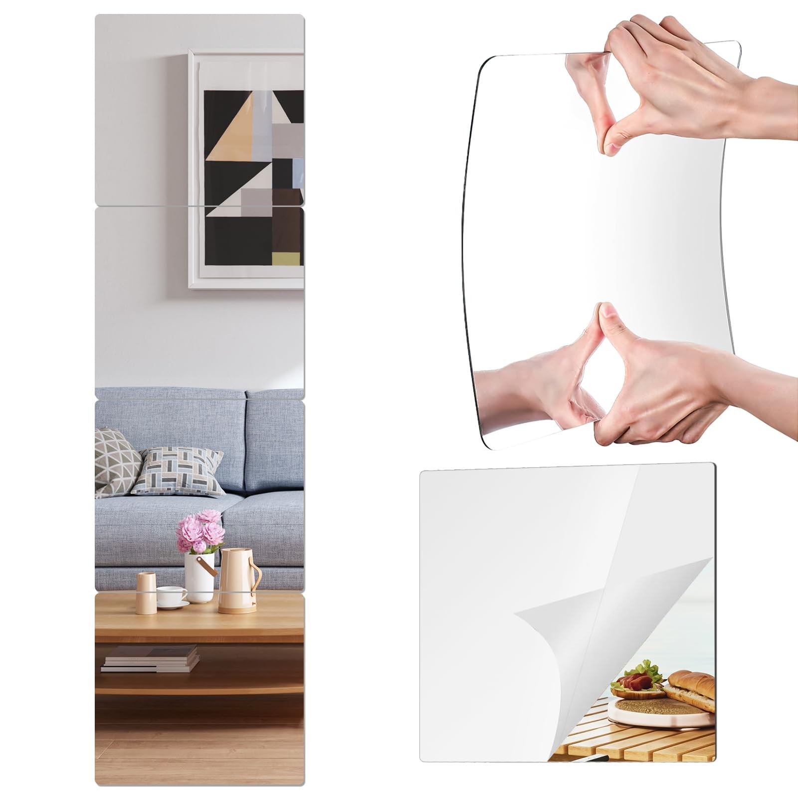 14x12 Inch Wall Mirror 4 Pack, Acrylic Self Adhesive Mirrors for Wall, Safety...