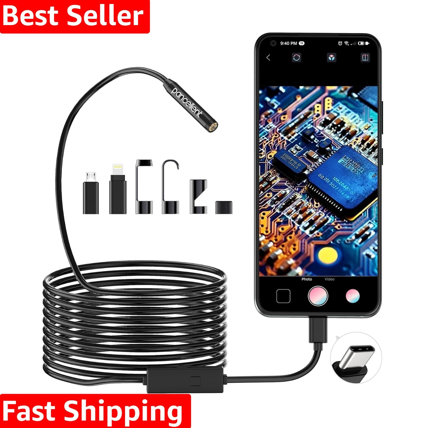 1920P Snake Inspection Borescope, Type C Endoscope, Scope Camera with 8 LED L...