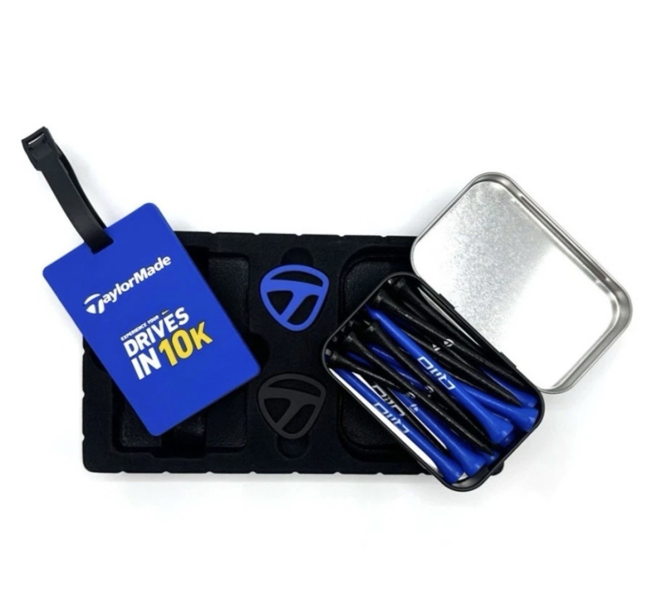 RARE NEW Taylormade Qi10 Promo Set 2 Golf Ball Markers, Bag Tag & Tin W/ 20 Tees