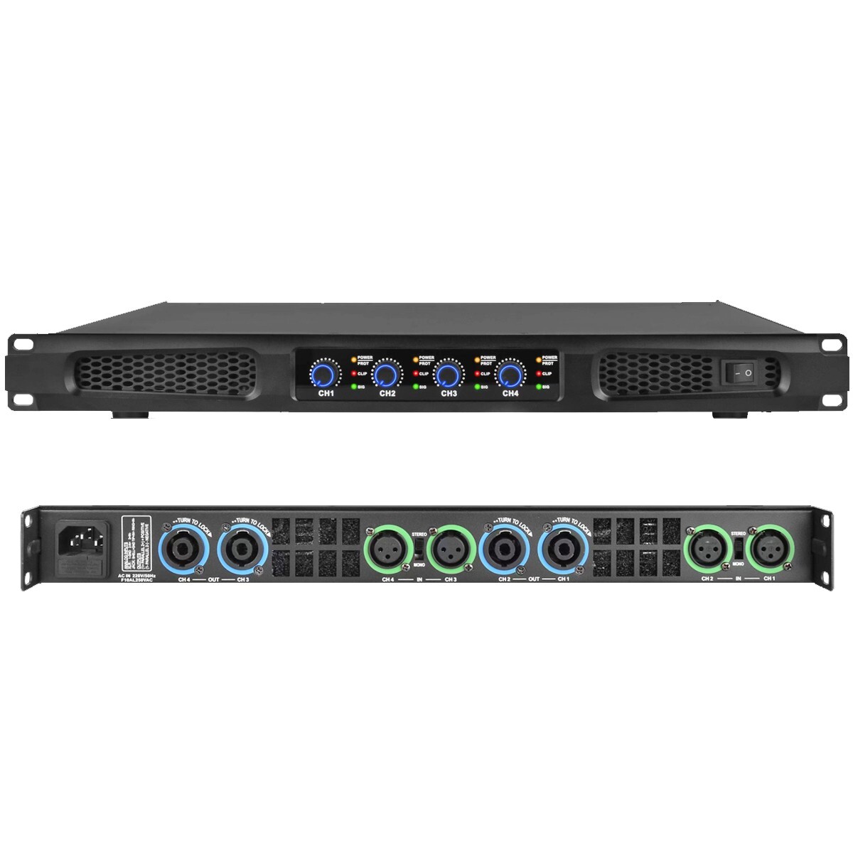Black 4 Channel x 650W Digital 5200W Power Amplifier Speaker AMP 1U 19" Design