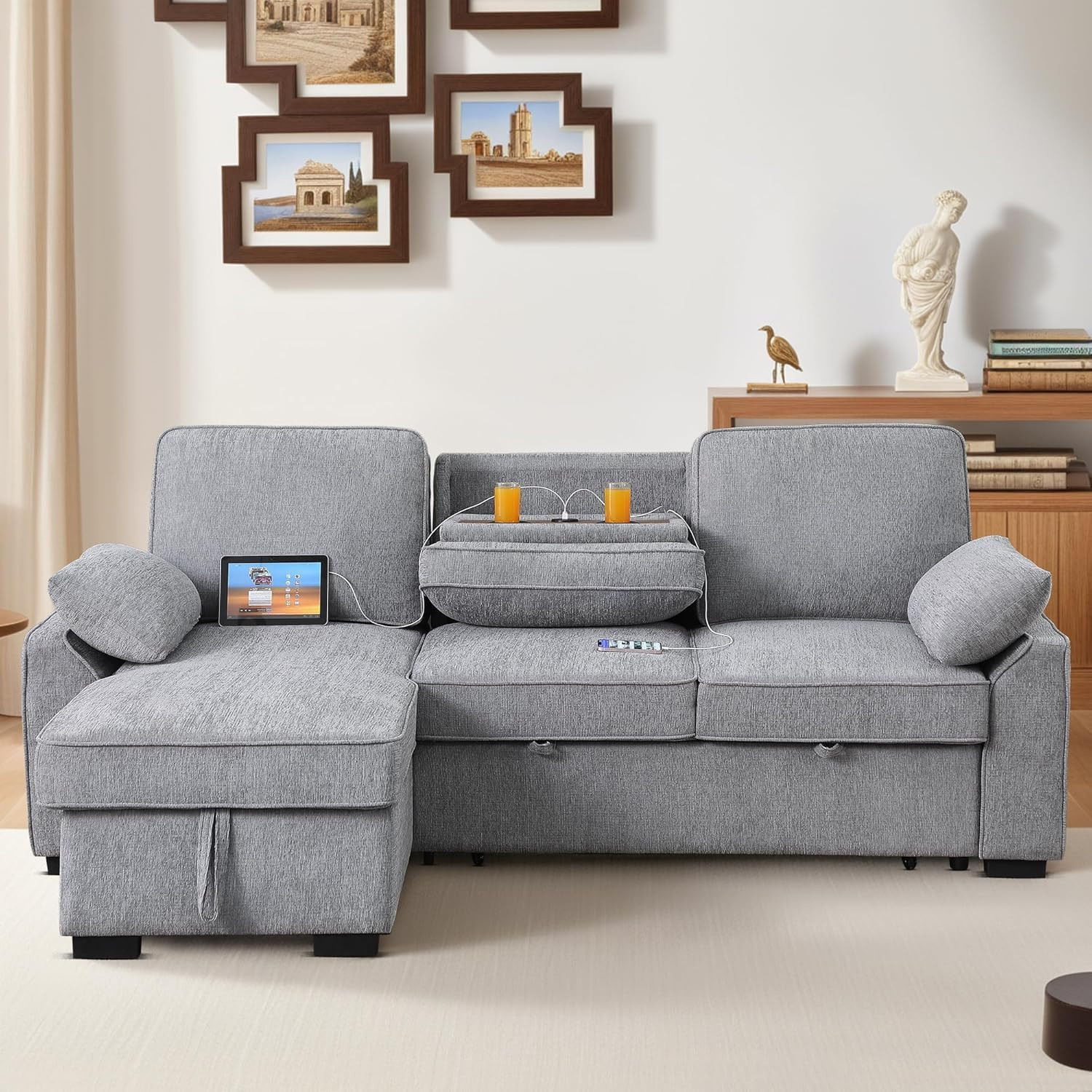 L-Shaped Pull Out Sleeper Couch Bed, Modern Chenille Upholstered Button Tufted C