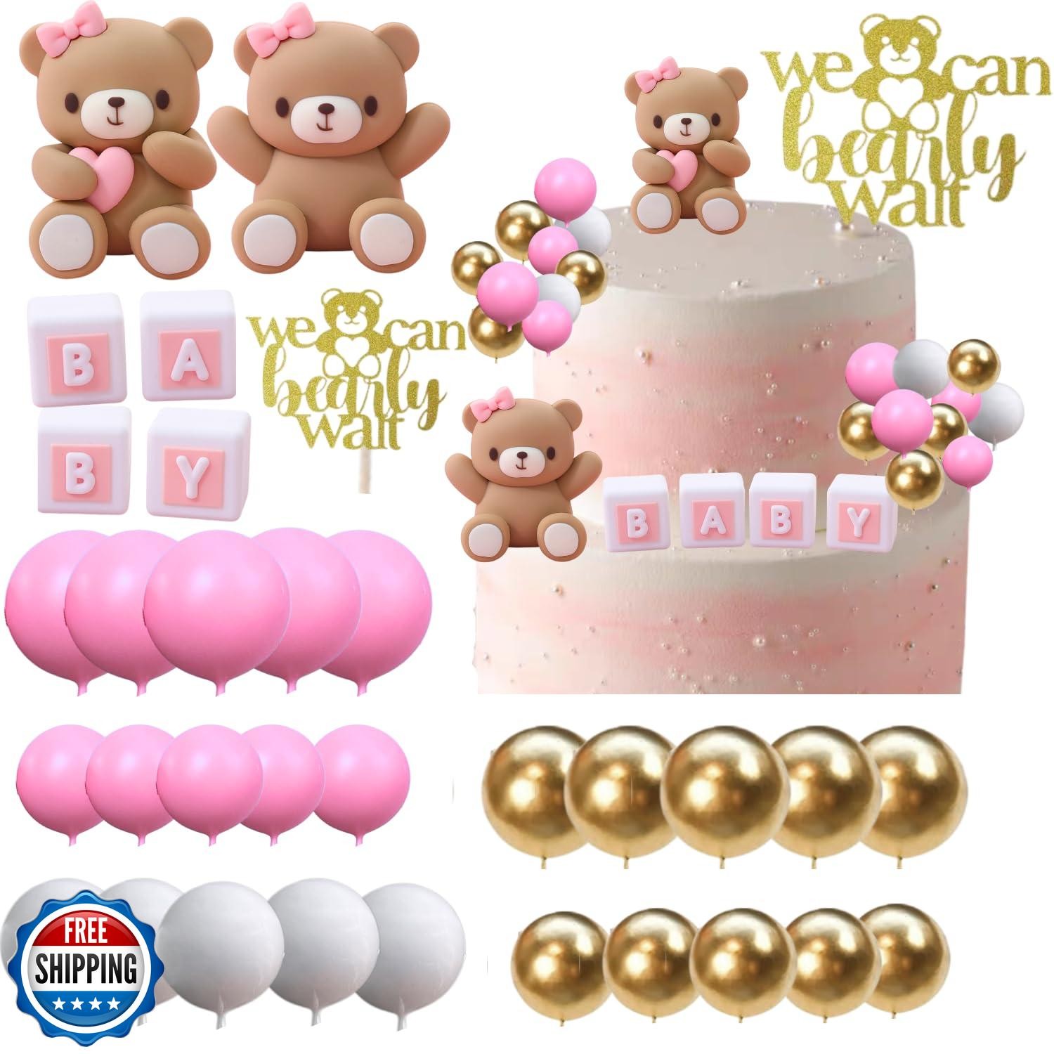 ALISSAR 32Pcs Bear Cake Toppers for Baby Shower with Balls, We Ca