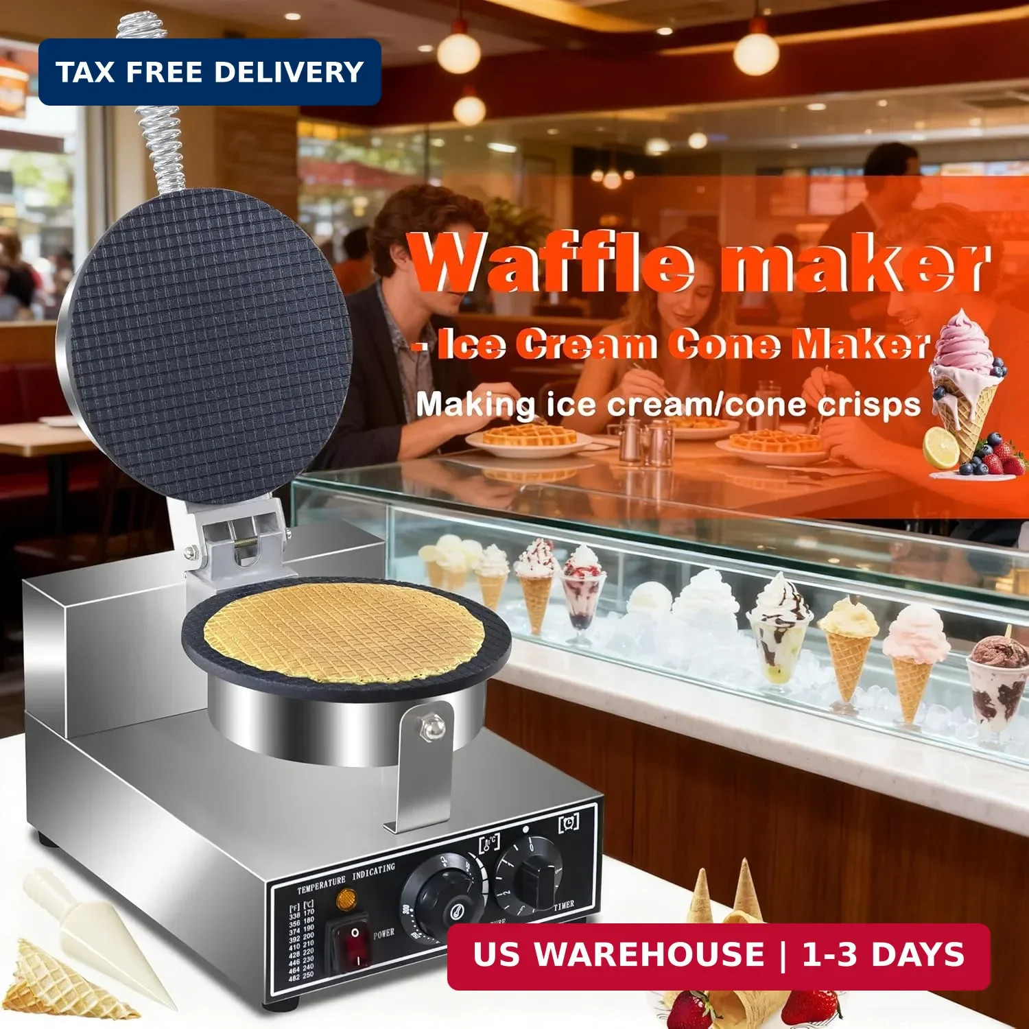 1300W Commercial Waffle Cone Maker Ice Cream Cone Machine Temp Timer Control