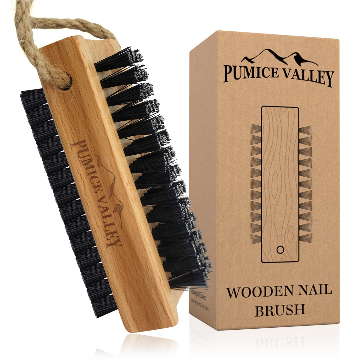 Wooden Nail Brush with Nylon Charcoal Bristles - Hanging Rope - Double-Sided