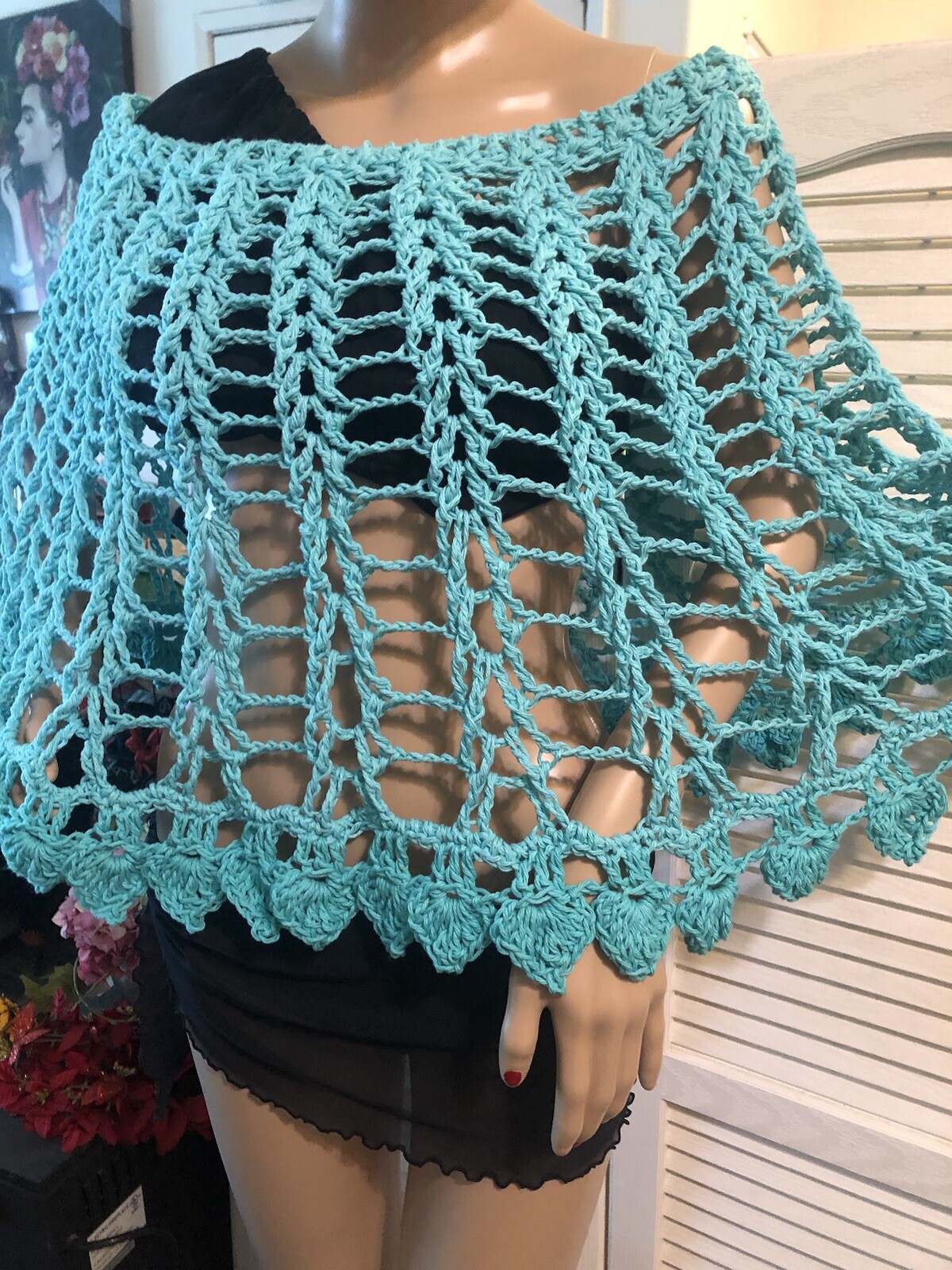 Hand Crochet Turquoise Poncho ￼- Adult, Unisex- Fits Up To 3X - Handmade -