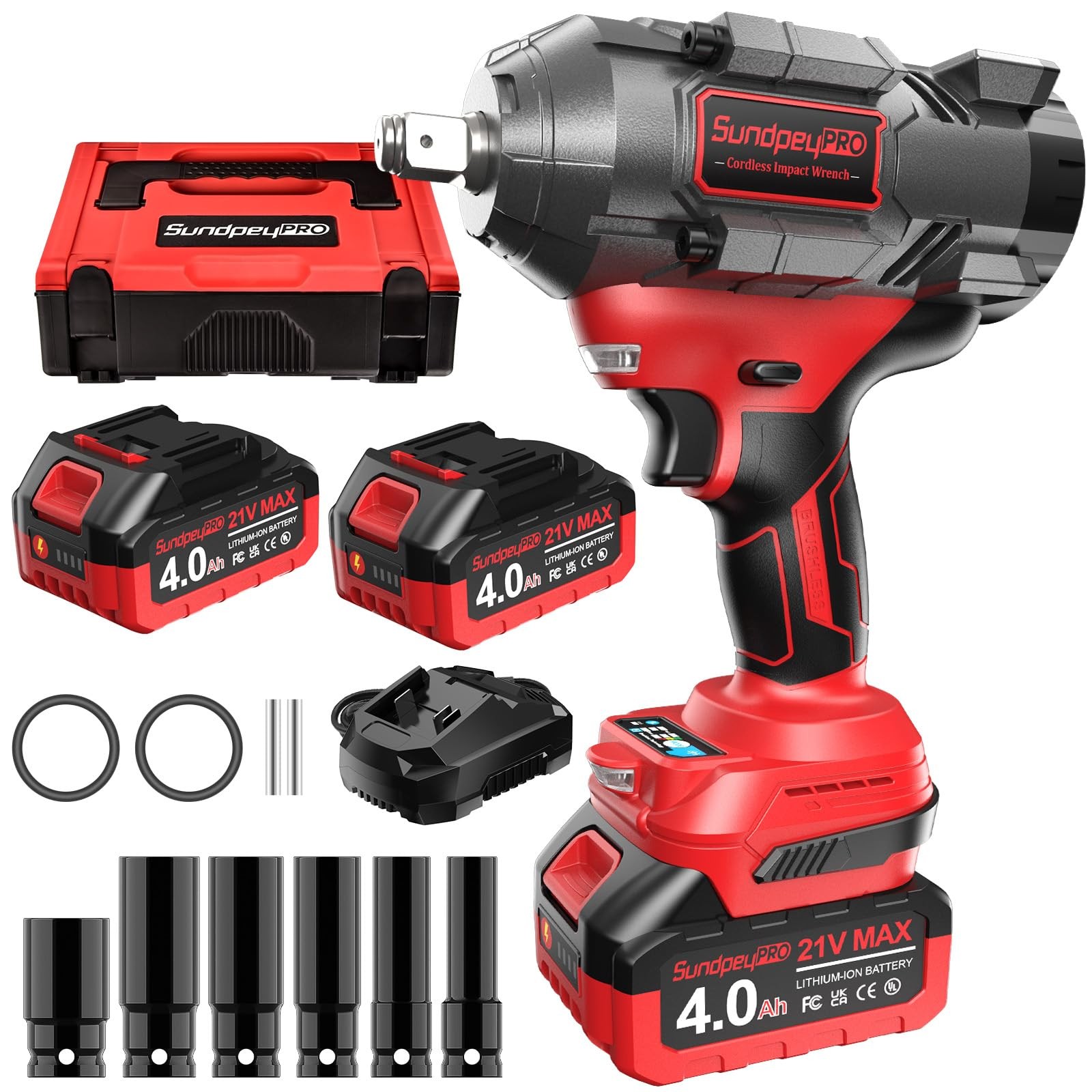 SundpeyPRO Cordless Impact Wrench 1107Ft-lbs(1500N·m) - 1/2" 21V High Red