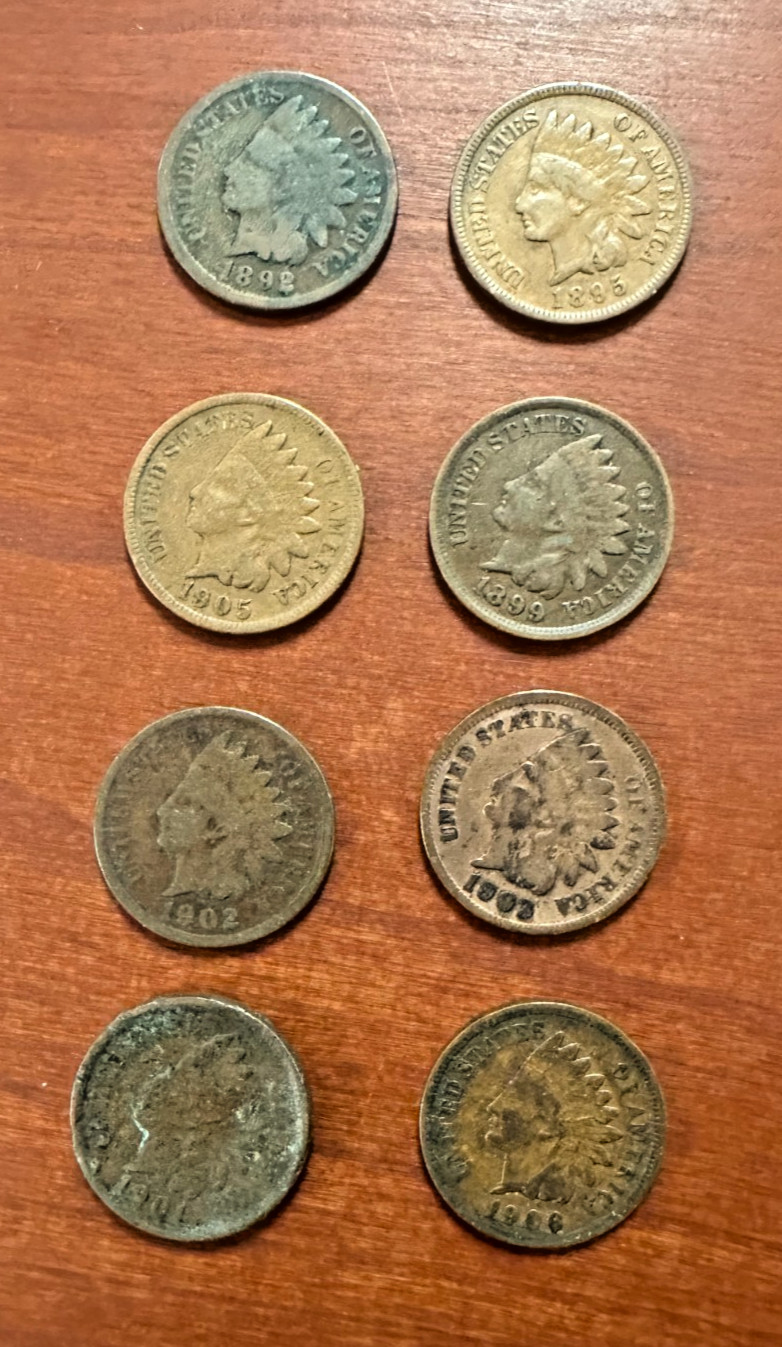 Lot of 8 Indian Head Pennies – starting 1898 – Circulated Condition s6