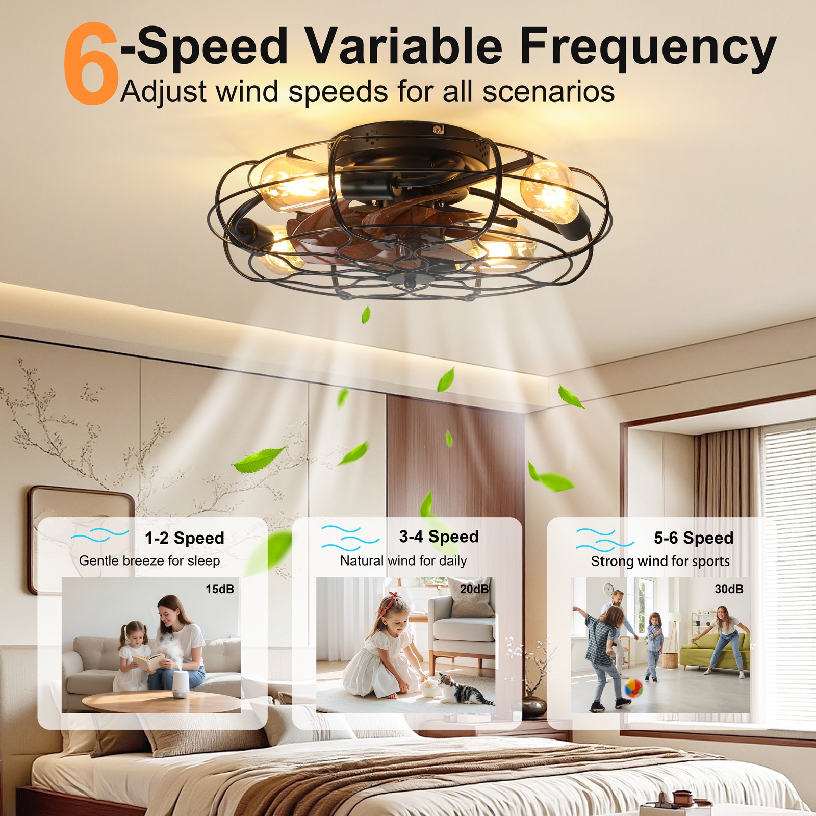 19.7" Industrial Caged Ceiling Fan with Light, 6-Speed, Remote, Timer