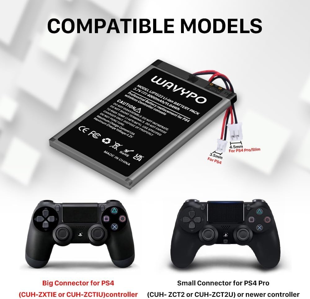 4000mAh PS4 Controller Batteries - 2 Pack Replacement for Dualshock 4 CUH-ZCT2U