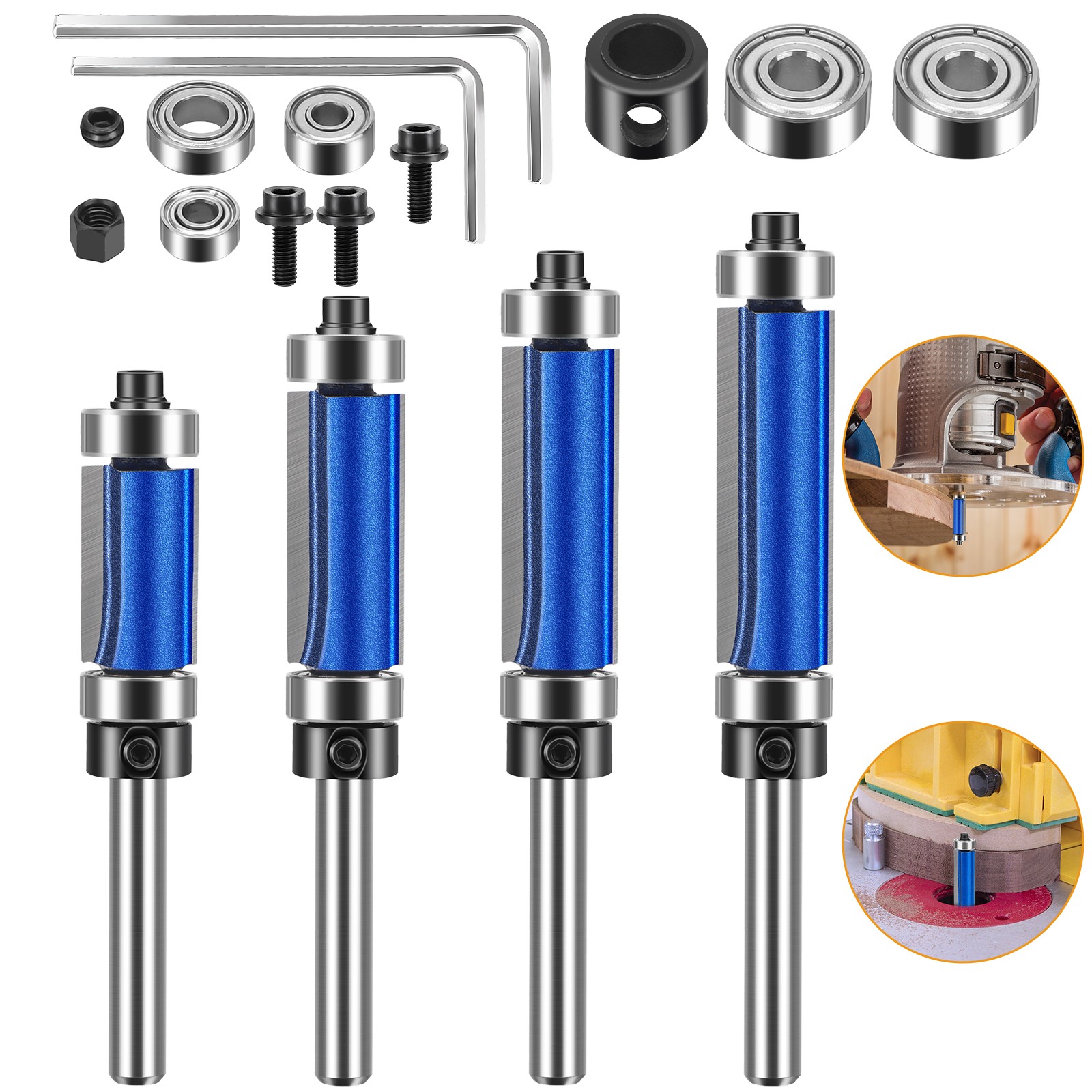 4x Top and Bottom Bearing Flush Trim Router Bits Set 1/4" Shank 1/2" Cutting Dia