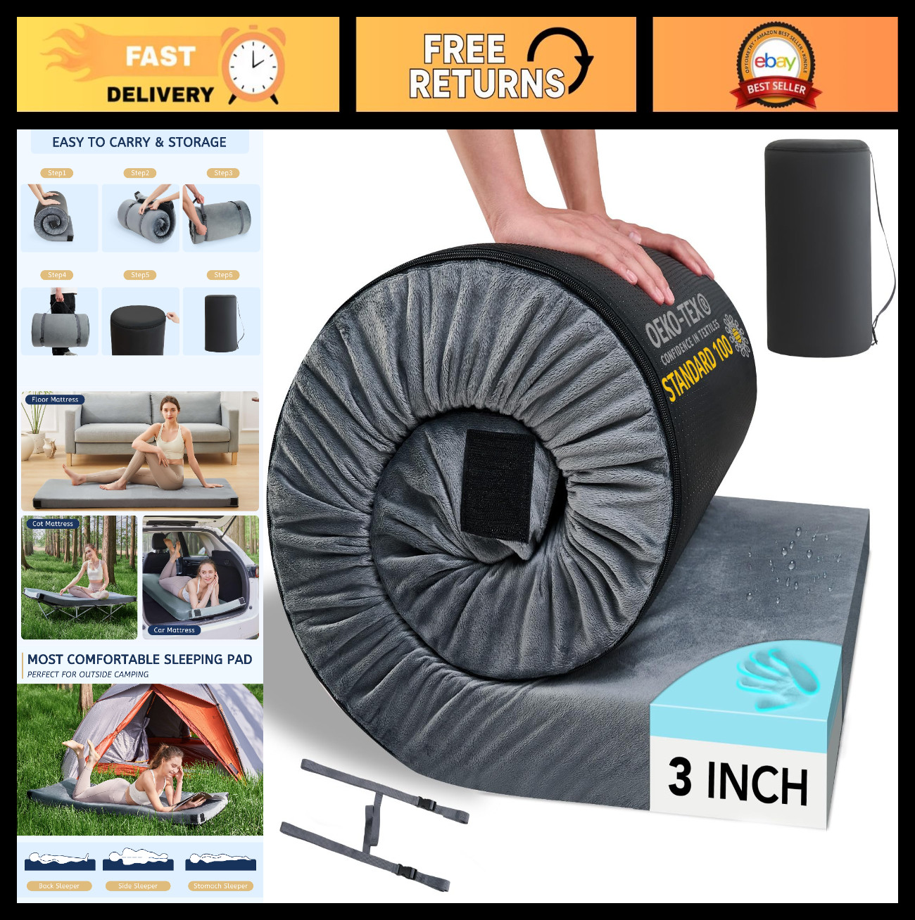 Portable Memory Foam Camping Mattress Pad | Roll Up Sleeping Mat for Travel, Non