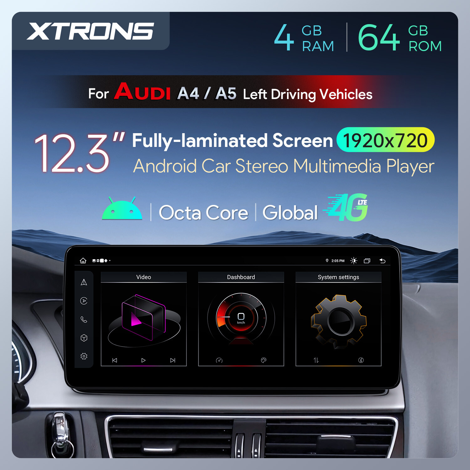 12.3" Screen for Audi A4 A5 Car Stereo Navigation GPS Octa Core Bluetooth 4G 64G