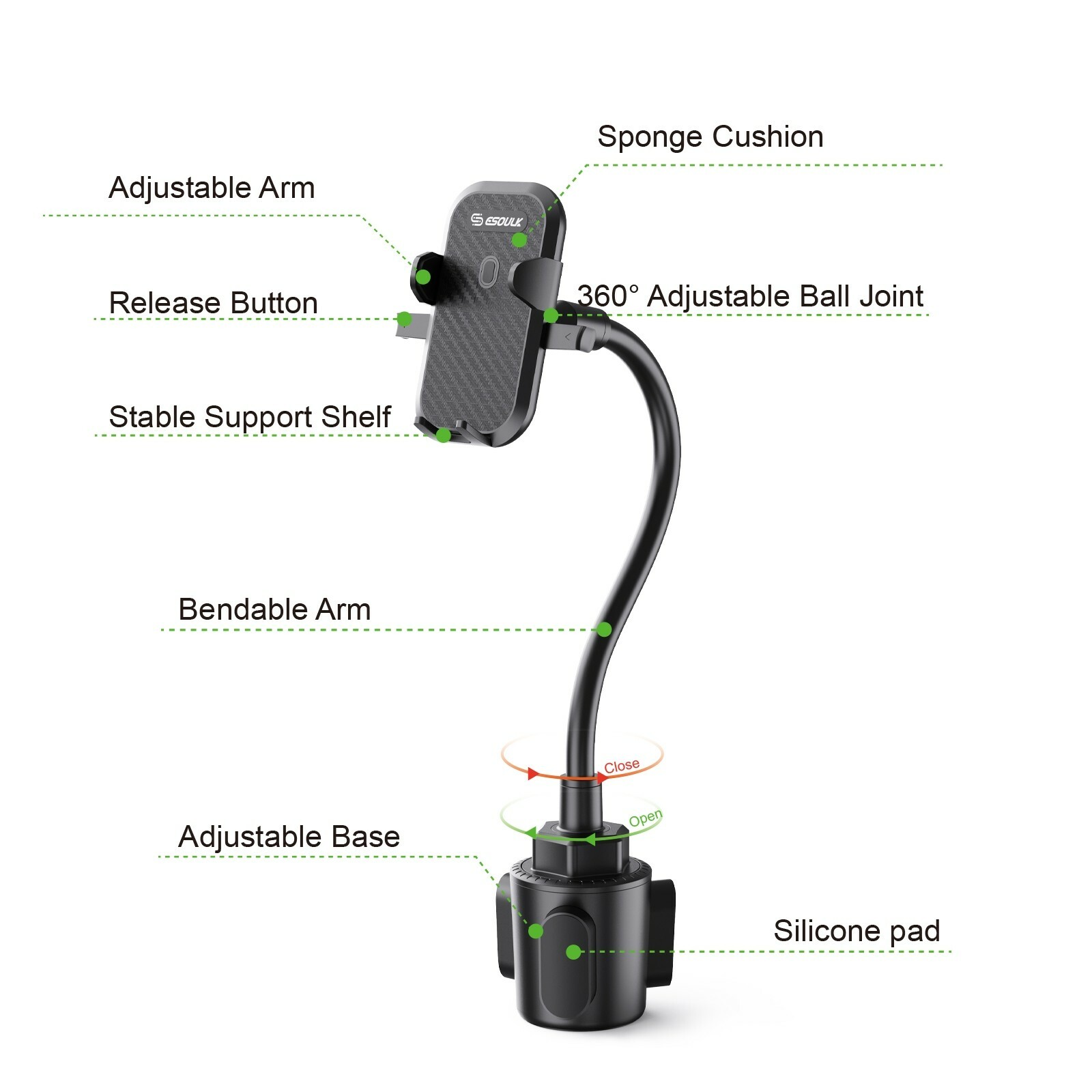 Universal Car Mount Cup Phone Holder Adjustable 11" Gooseneck GPS Stand Cradle