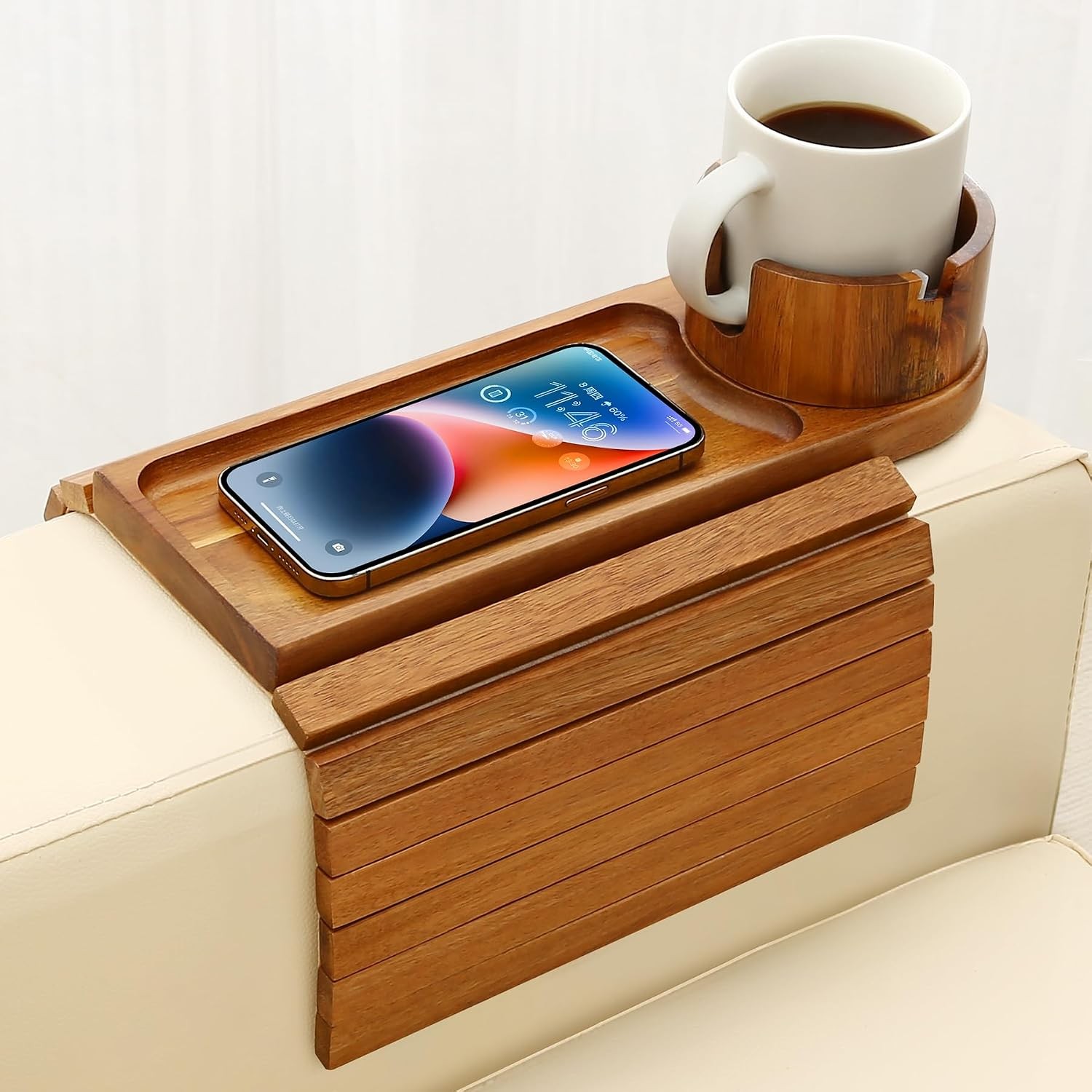 Couch Cup Holder Tray 15.75" Acacia Wood Couch Armrest Table 3 in 1 Foldable