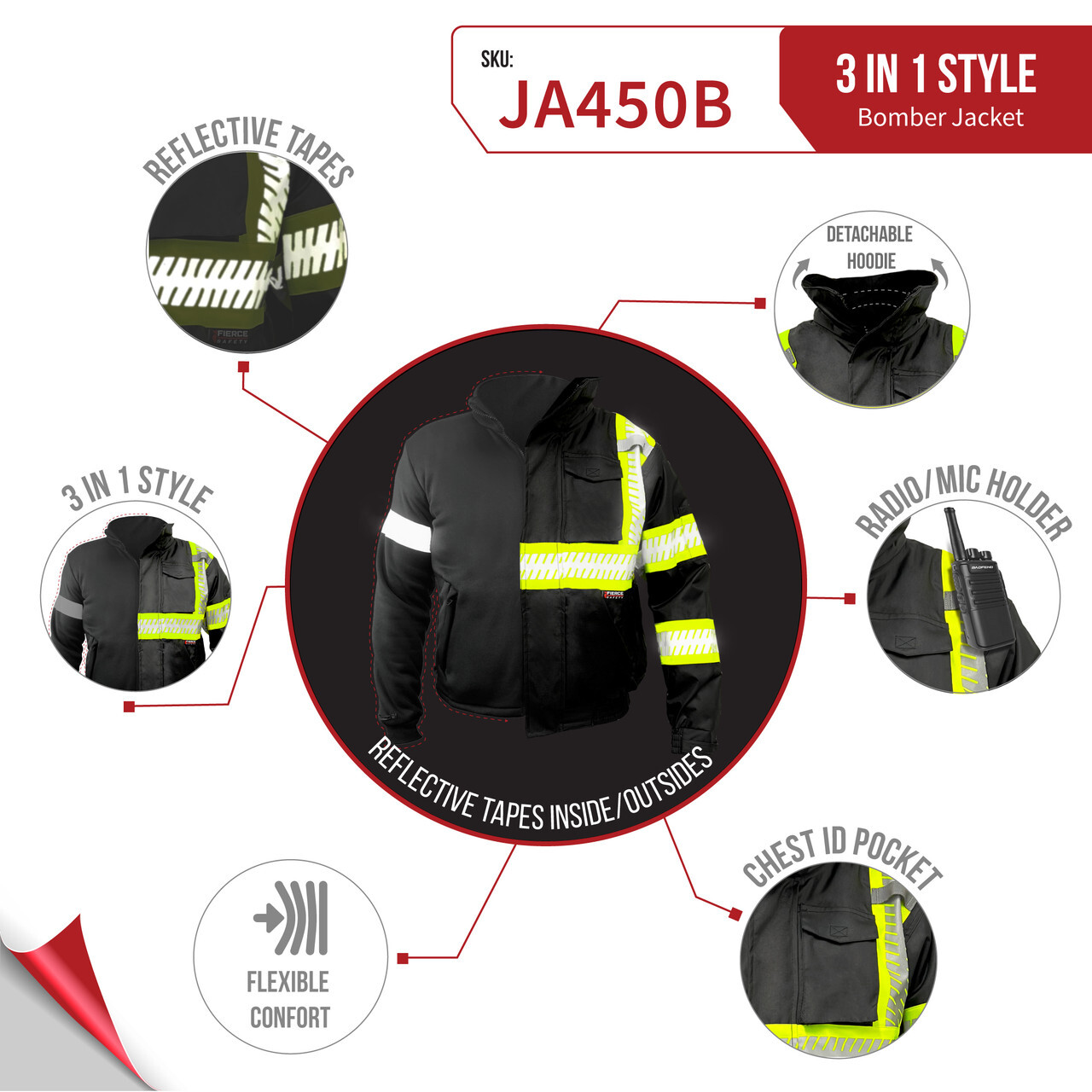 Fierce Safety Hi Vis Bomber Jacket with Fleece - ANSI Class 1