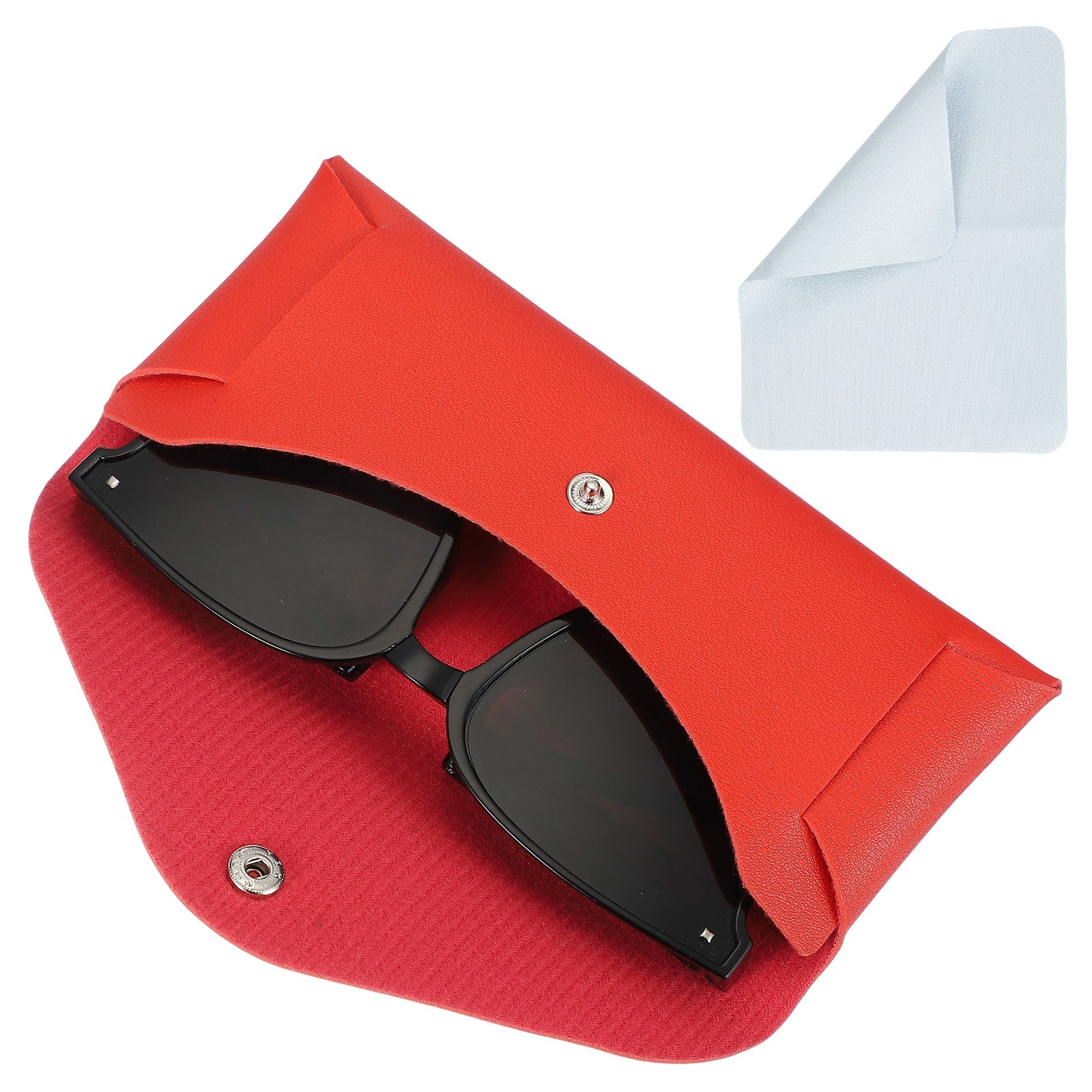 Leather Glasses Case Holder with Button and Cleaning Cloth Red