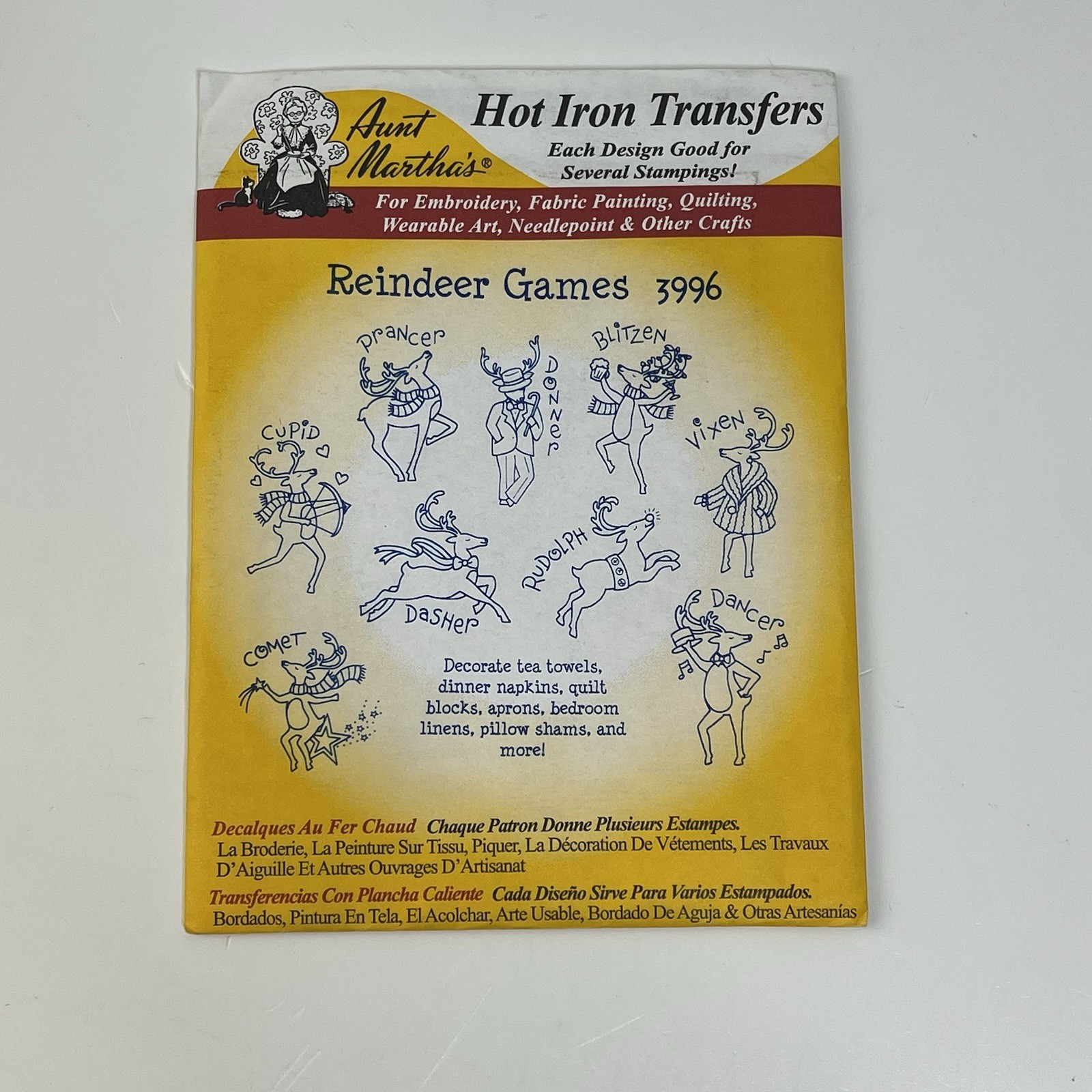 Christmas Quilt Reindeer Games Aunt Martha's Hot Iron Embroidery Transfer #3996