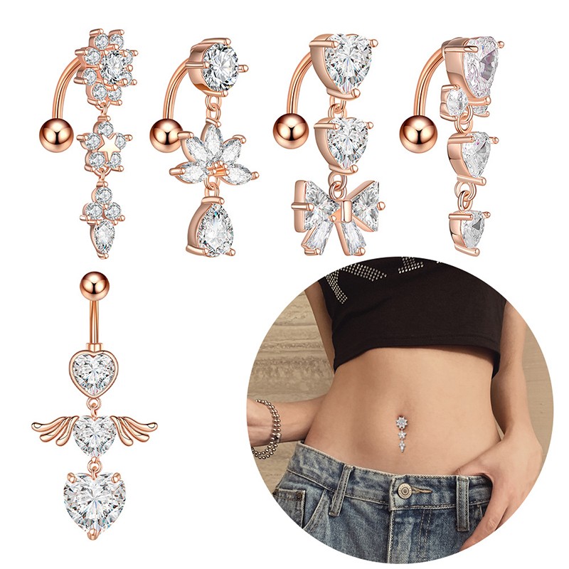 1Pcs Reverse Dangel Belly Button Piercing Heart with Wings Flower Navel Ring