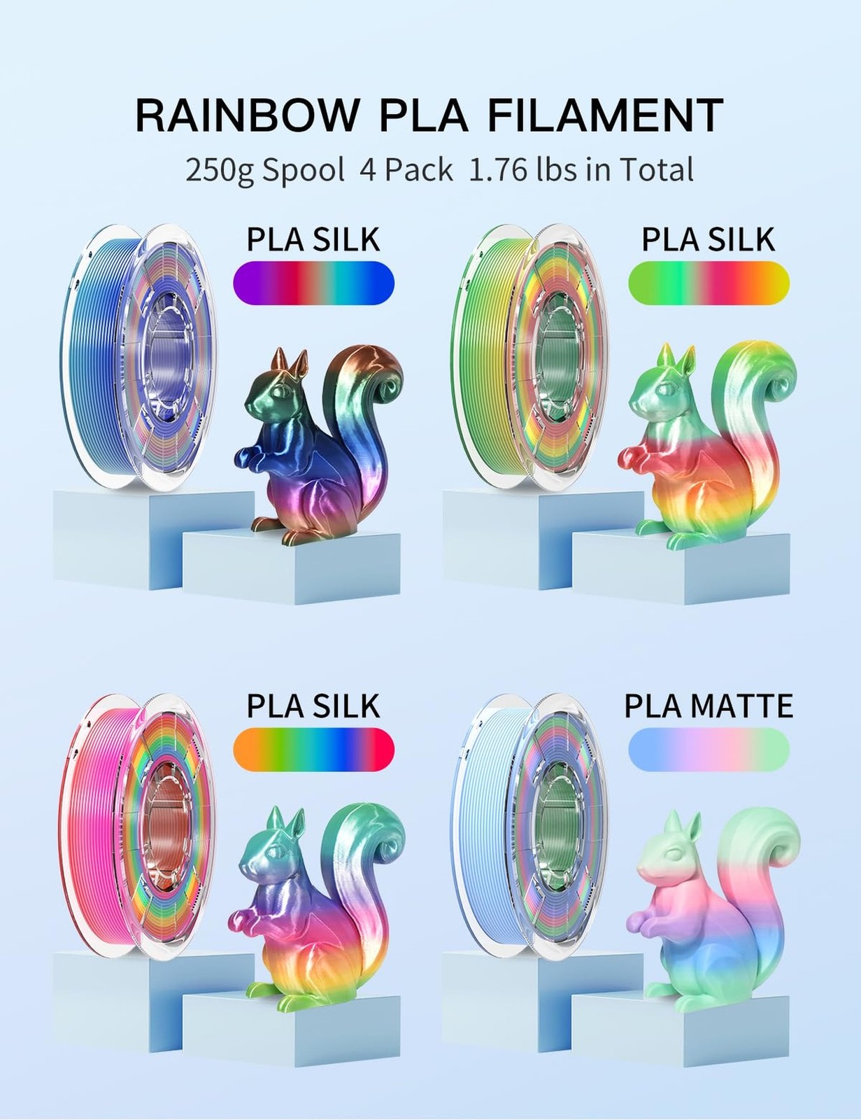 PINBALL Silk & Matte Rainbow PLA 3D Printer Filament 1.75mm, Shiny Multi-Colo...
