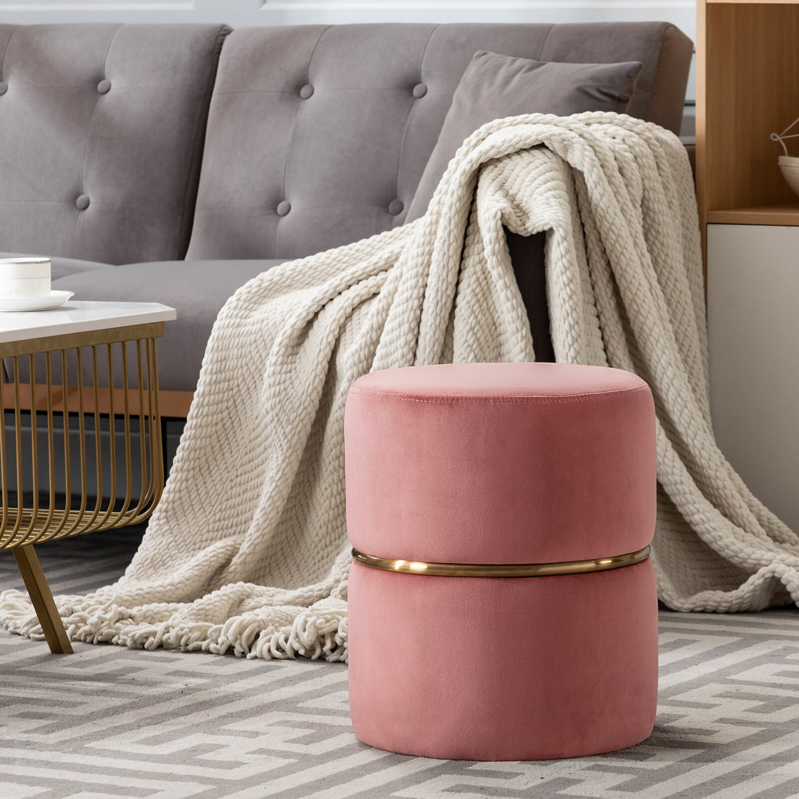 Duhome Modern Round Ottoman Footstools Velvet with Gold Circle 1 Pcs