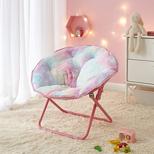 Rainbow Faux Fur Folding Saucer Chair for Kids, Cozy Bedroom & Playroom