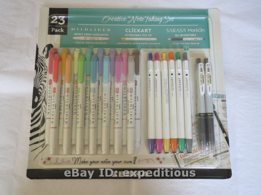 NEW ZEBRA 23-PACK CREATIVE NOTE TAKING SET MILDLINER CLICKART SARASA MARK ON