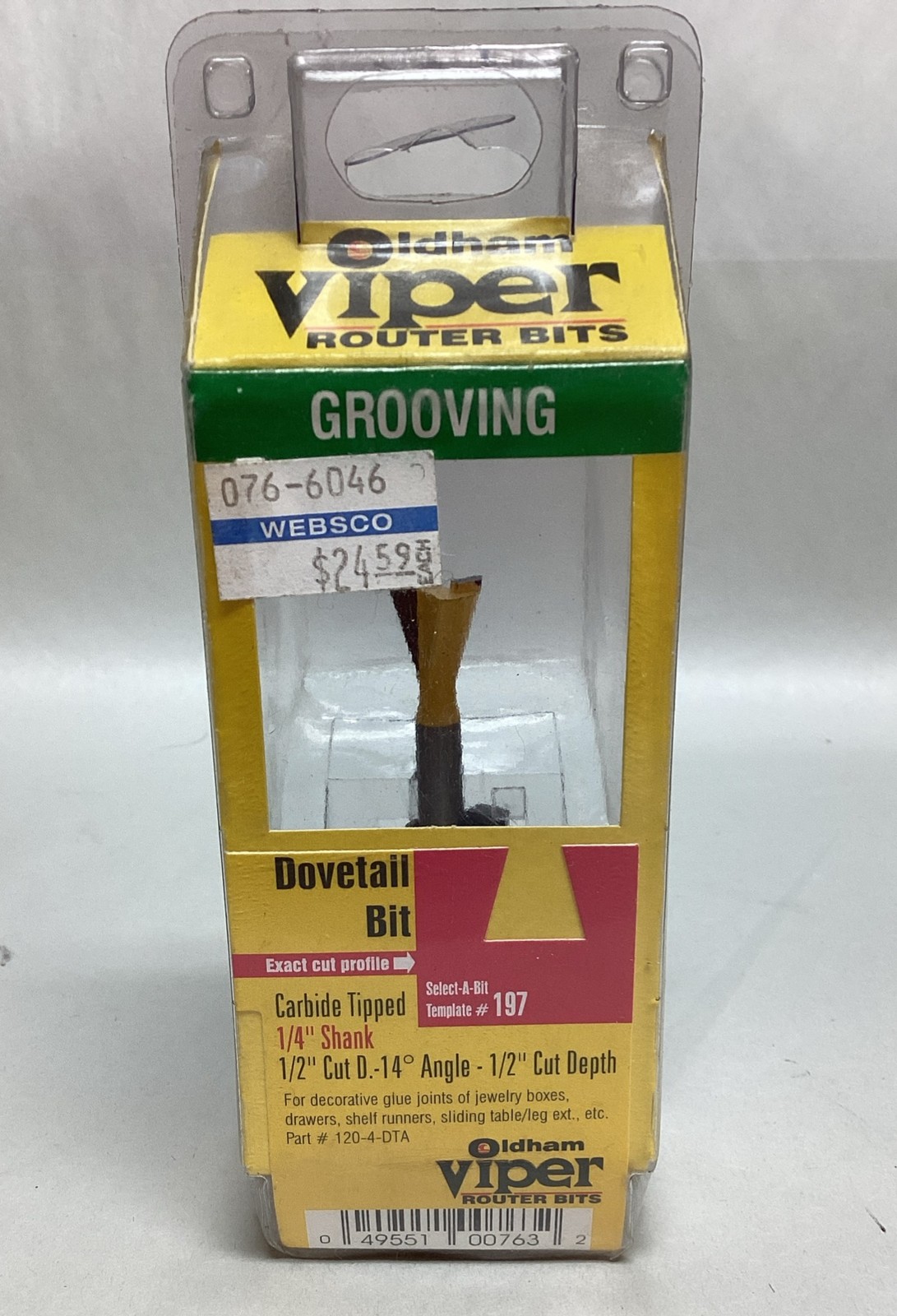Oldham Viper RouterBits GROOVING 1/4 Dovetail Bit #197- Free S&H