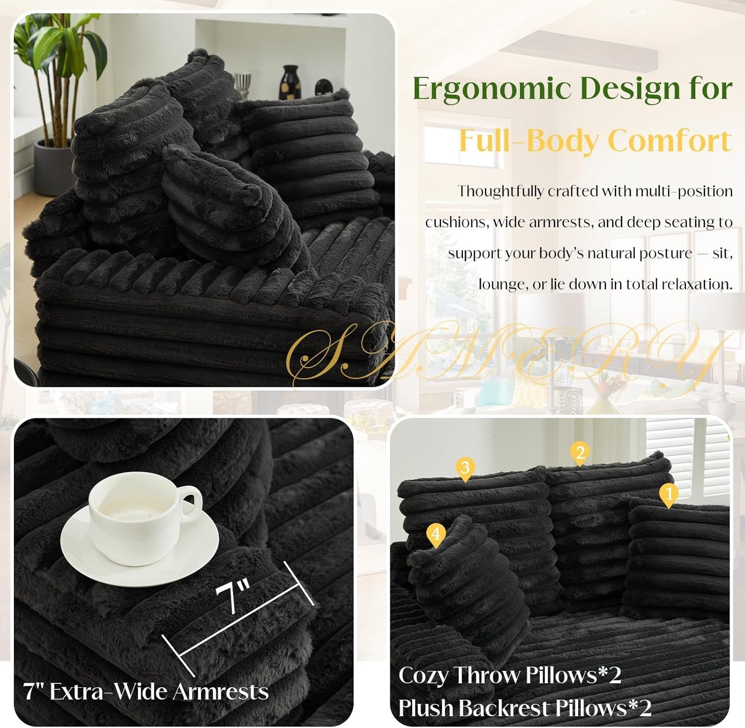 Upholstered Couch Sofa Chiar Chaise Lounge Chair Corduroy Couch w/Lumbar Pillows