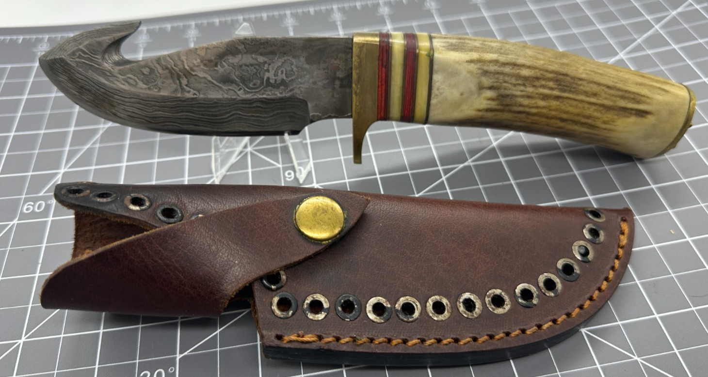 Tallen Stag Hook Fixed Blade Knife w/ Stag Handle - Damascus
