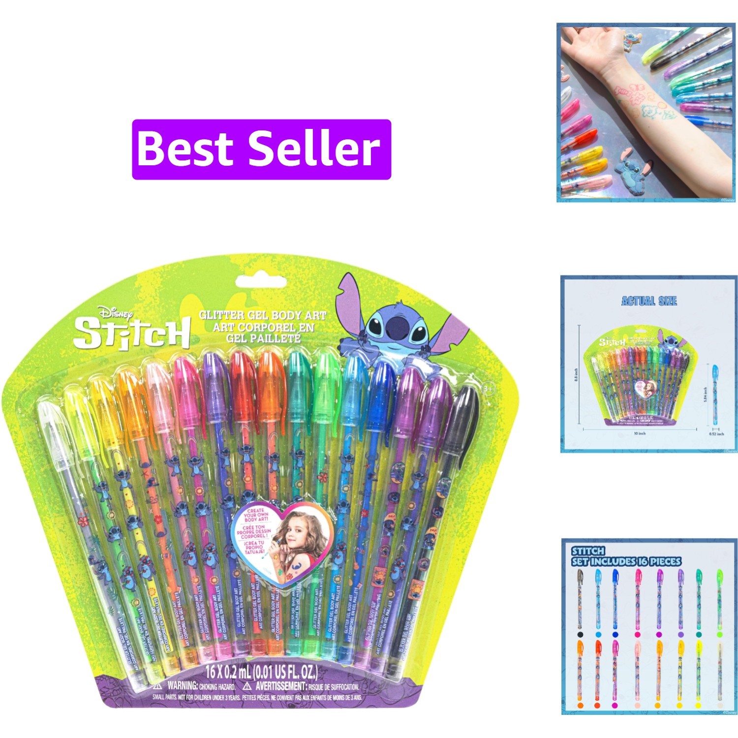 Stitch Glitter Pens, 16-Piece for Body Art, Ages 3+