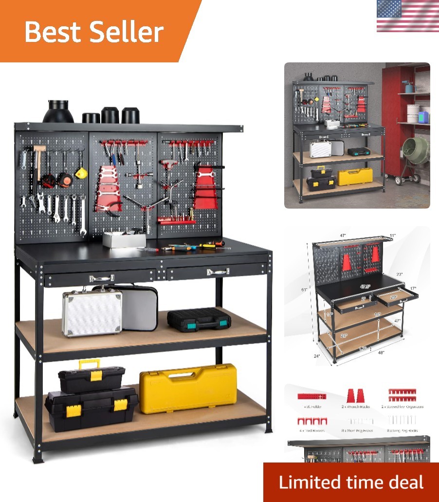 Robust 48" x 24" Heavy Duty Workbench with Pegboard & 2 Drawers - Easy Assemble