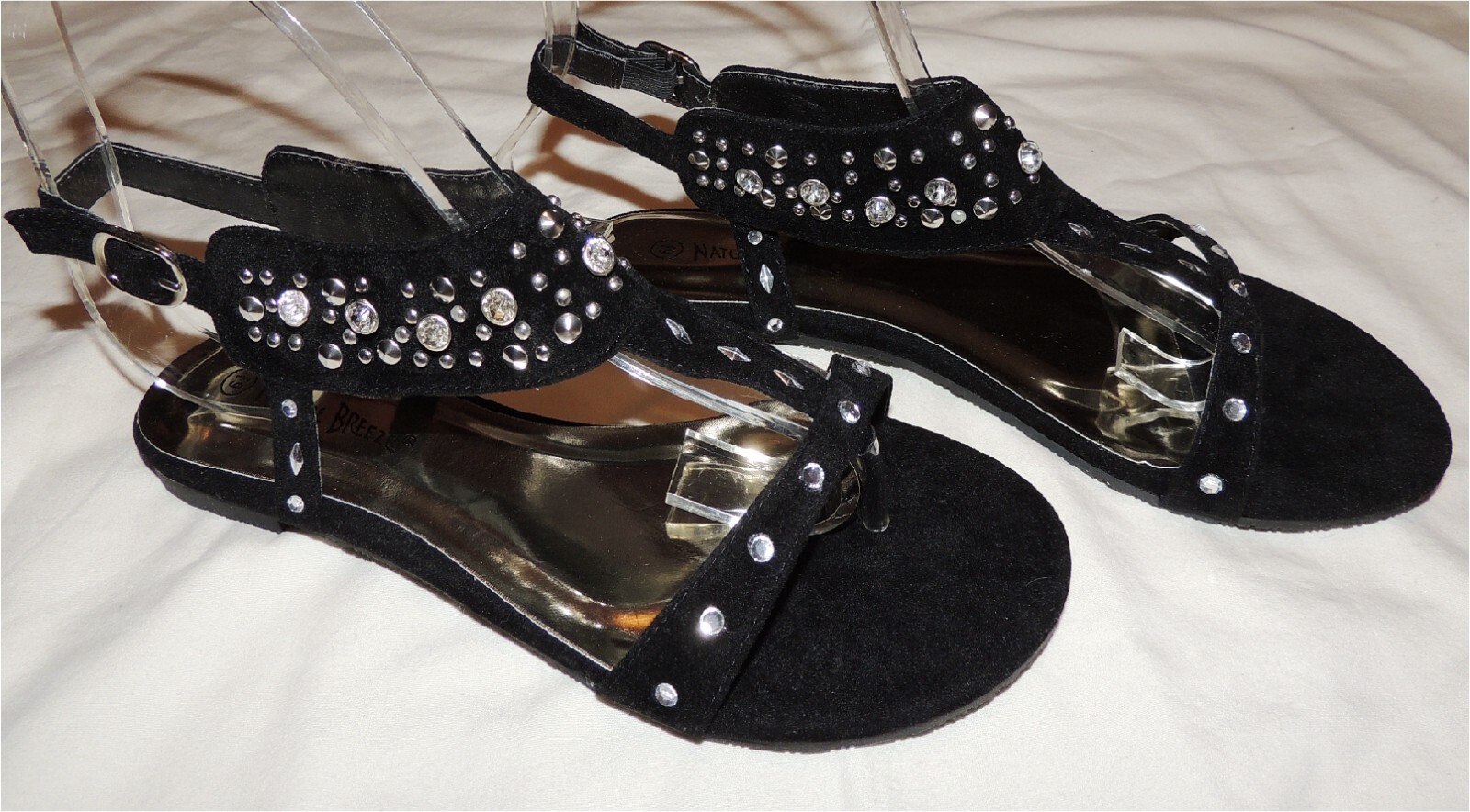 Ladies/Girls Black Faux Suede Rhinestone/Rhinestud Flat Thong Sandals NIB