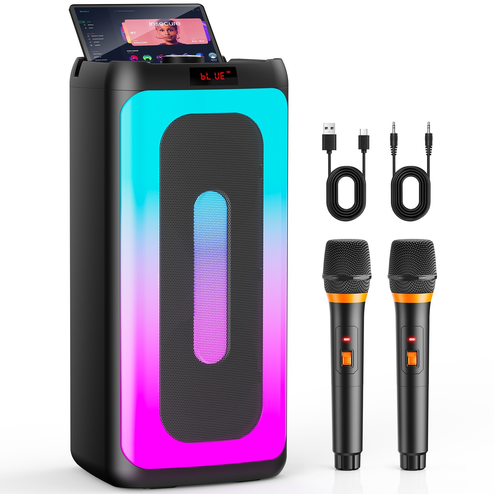 FanFun Bluetooth Karaoke Machine w/ 2 Wireless Mics, LED Rechargeable PA Speaker