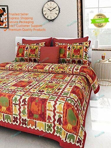 Jaipuri Multi Printed Cotton Double Bed Sheet With 2 Pillow Cover 90x100