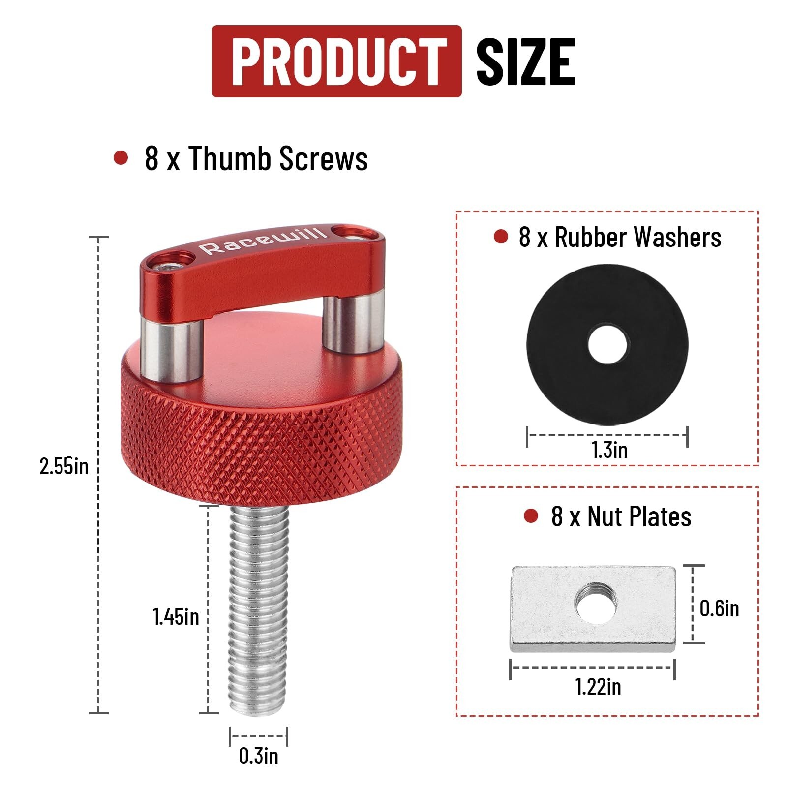 8PCS Red Hard Top Quick Removal Fastener Thumb Screws with Nut Plates Compati...