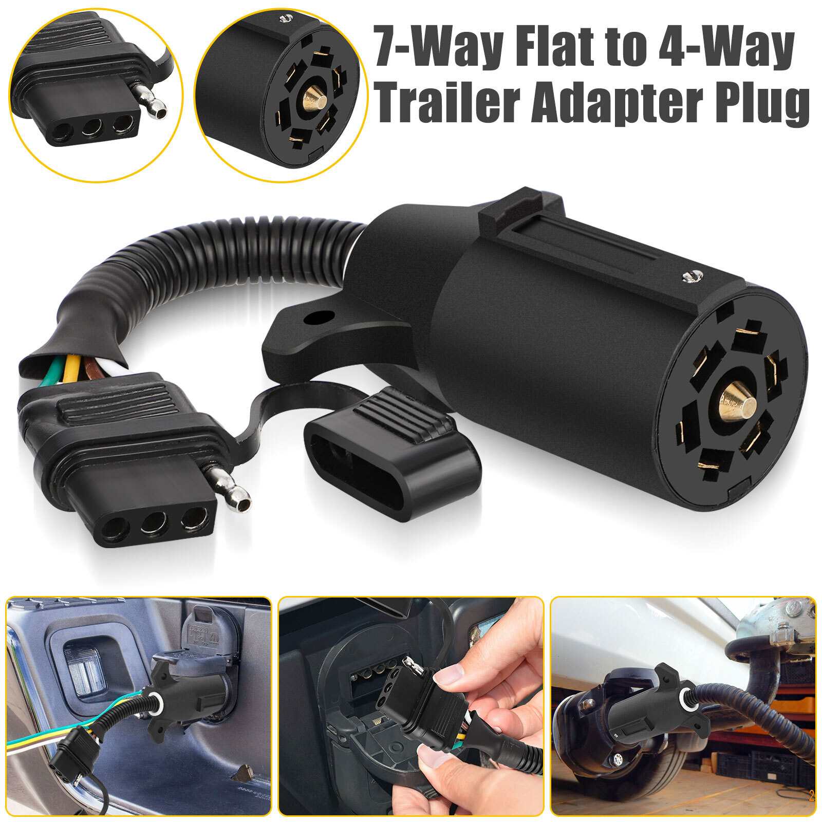 7 Way Blade to 4-Pin Round Trailer Adapter Plug Socket Wiring Connector RV Cars
