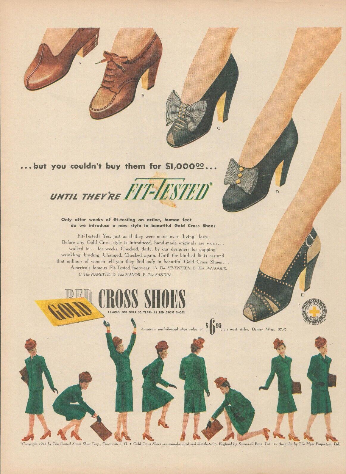 1945 Red Cross Shoes Businesswoman Women's Feet Shoes Fit-Tested Vtg Print Ad