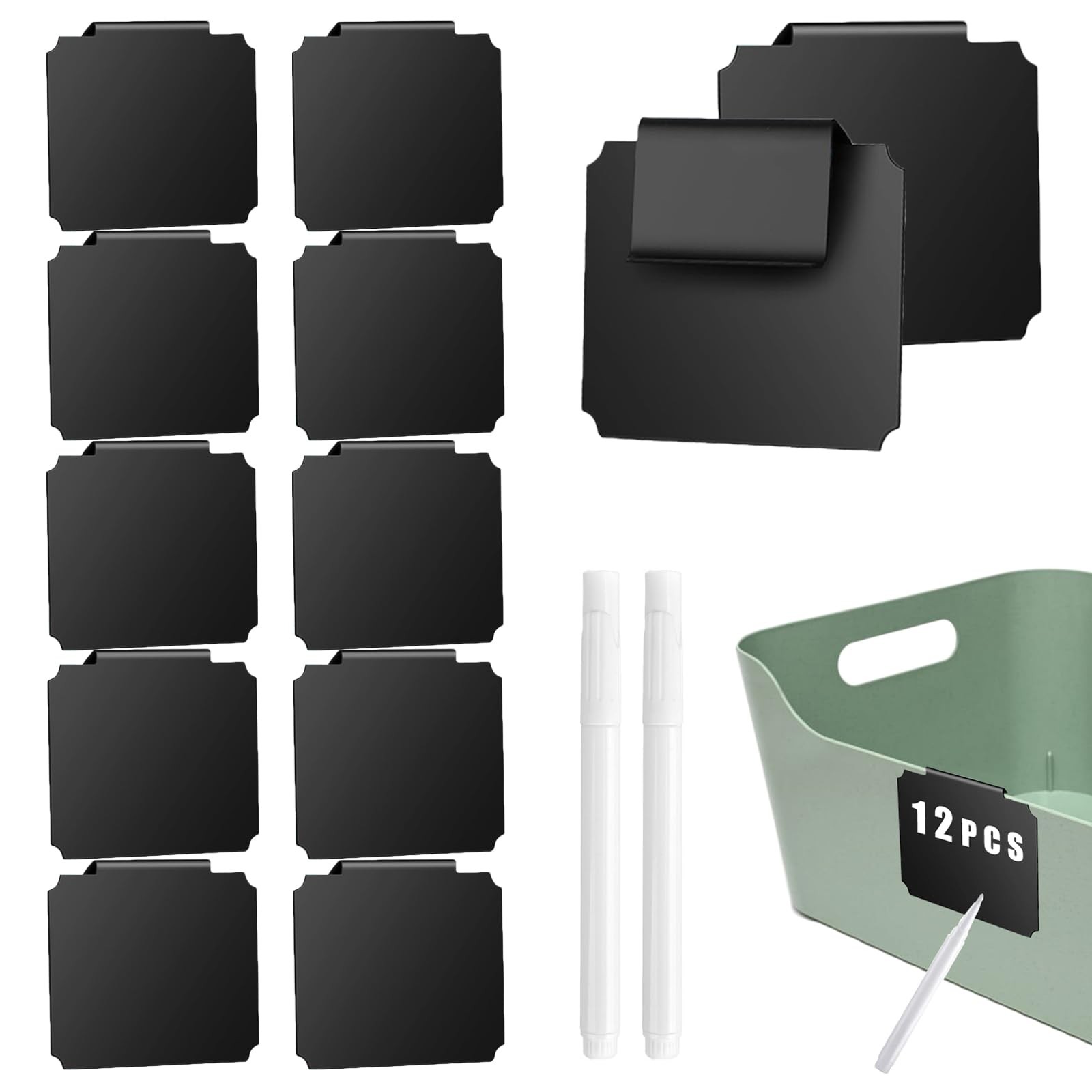 14 Plastic Basket Labels Clip On Set - 9 x 7 cm/ 3.54 x 2.75 inch, Black